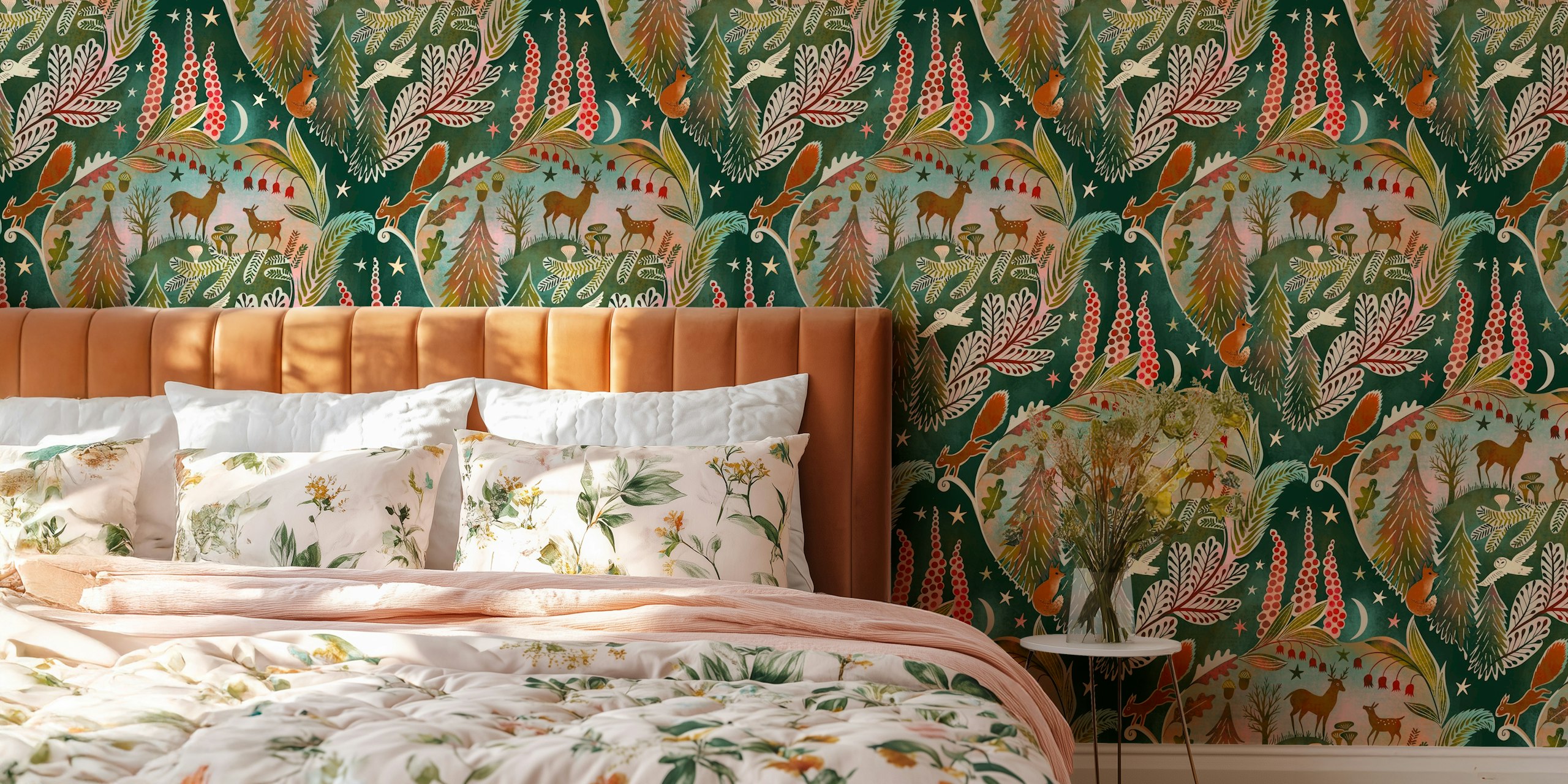 Wildlife moonlight damask Tapete in einem Raum