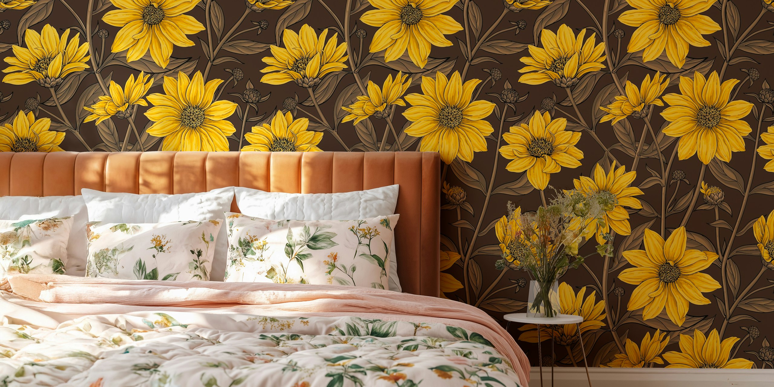 Wild sunflower wallpaper w ustawieniu pokoju