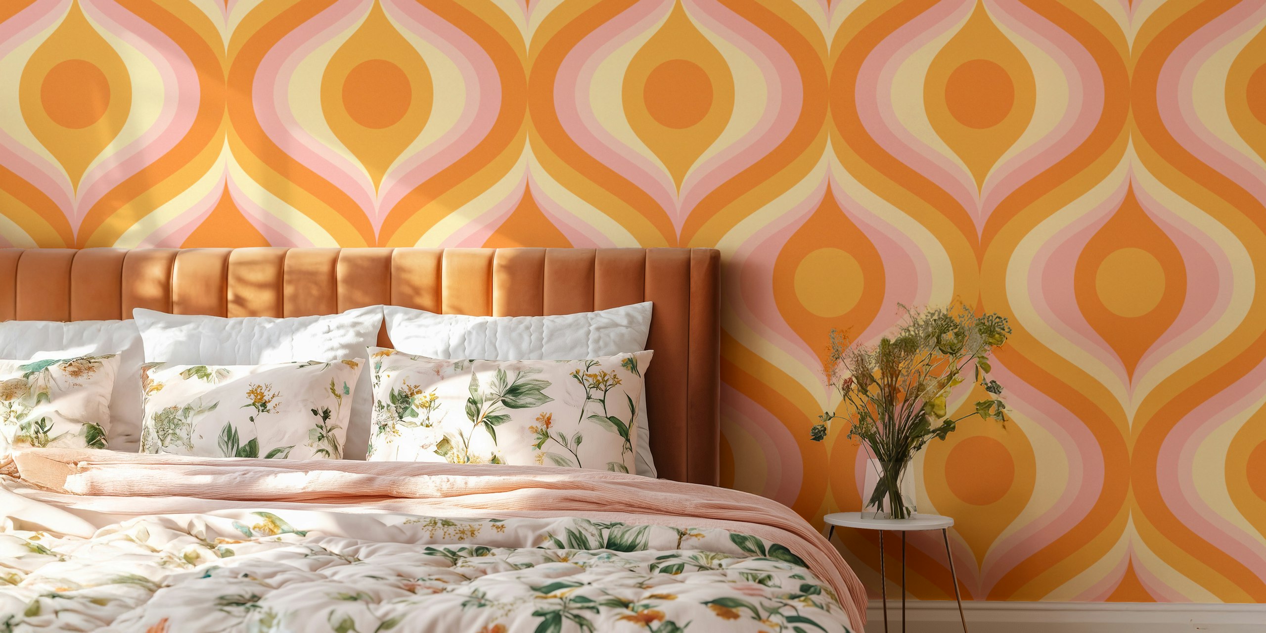 Orange and pink swirling pattern wallpaper, retro style