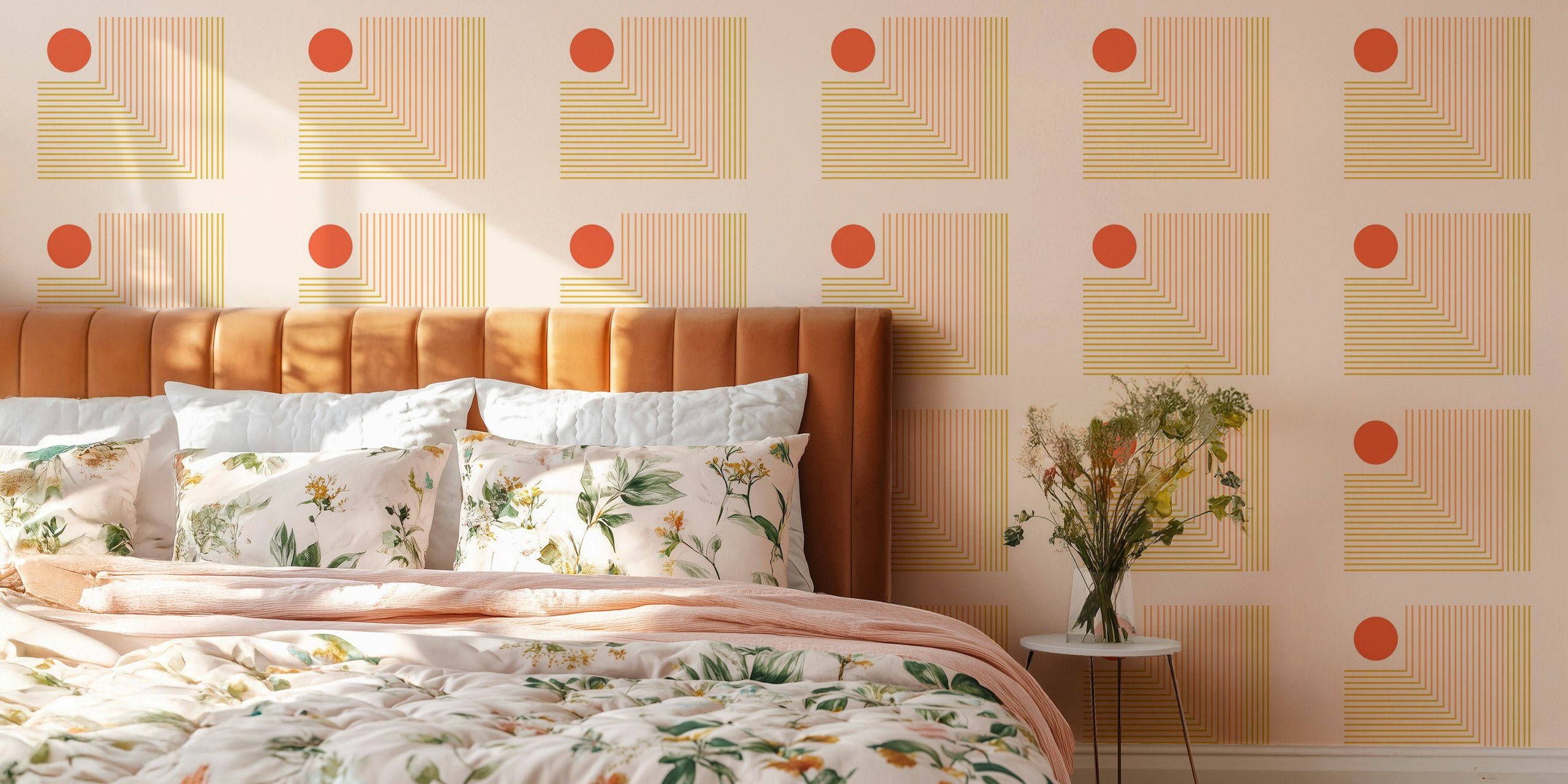 Minimalist geometric wallpaper with orange circle and yellow lines