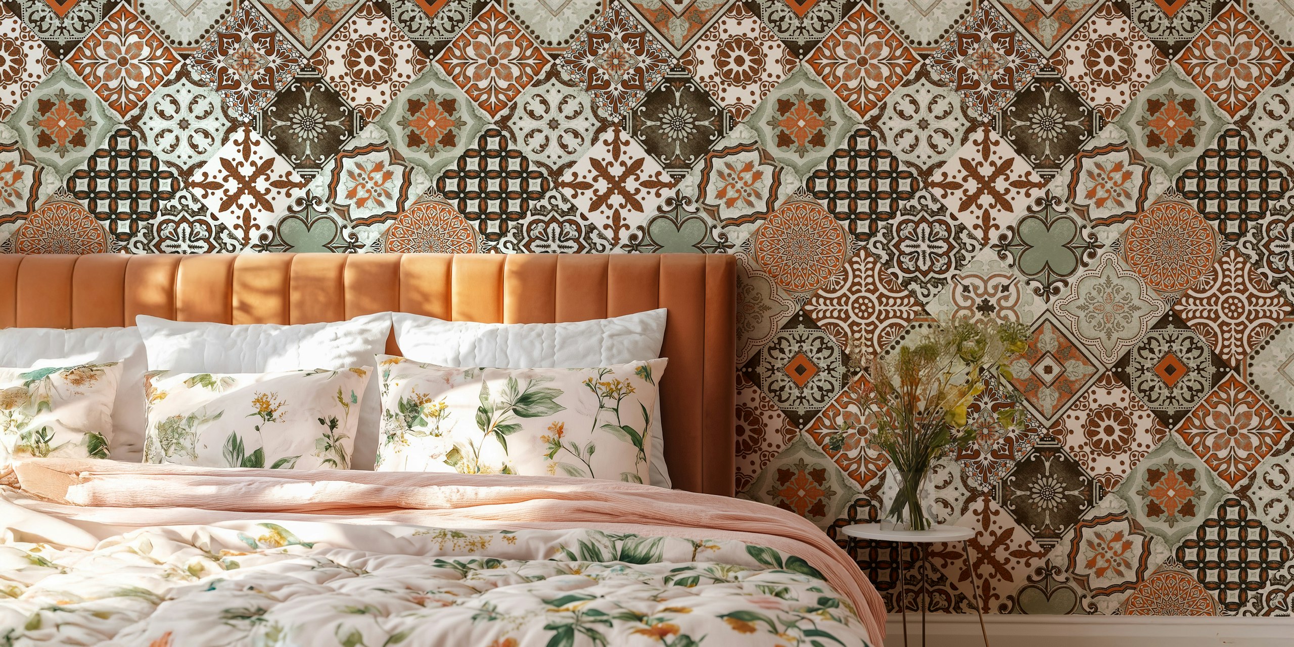 Talavera tile wallpaper featuring sage, orange, and brown patterns