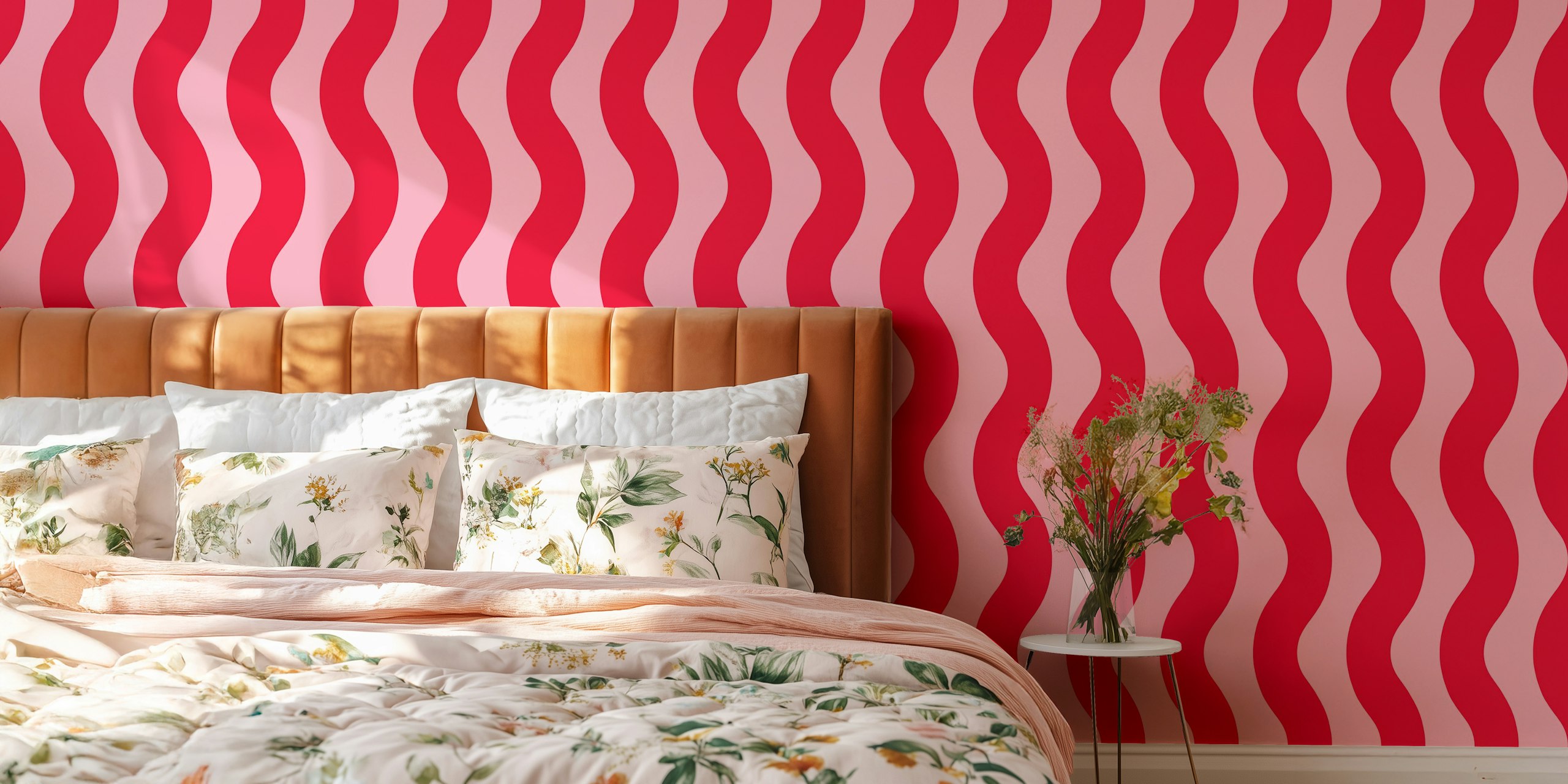 Pink and Crimson Red Modern Waves wallpaper in a room