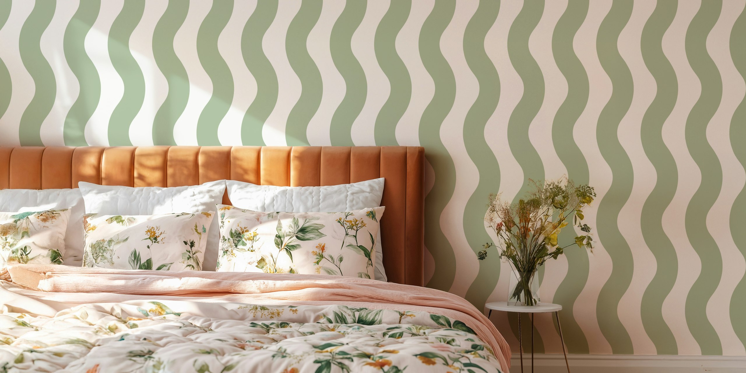 Sage Green and White Field Waves 2 en una habitación