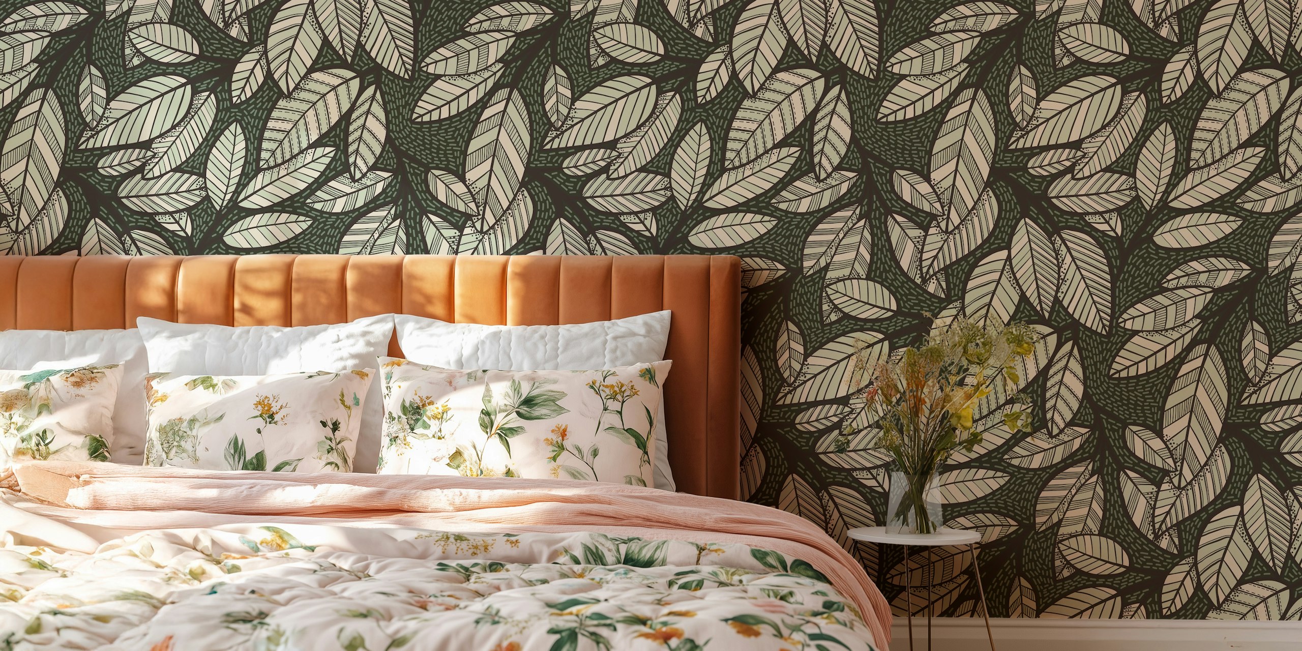 Dark forest leaf pattern wallpaper in a room