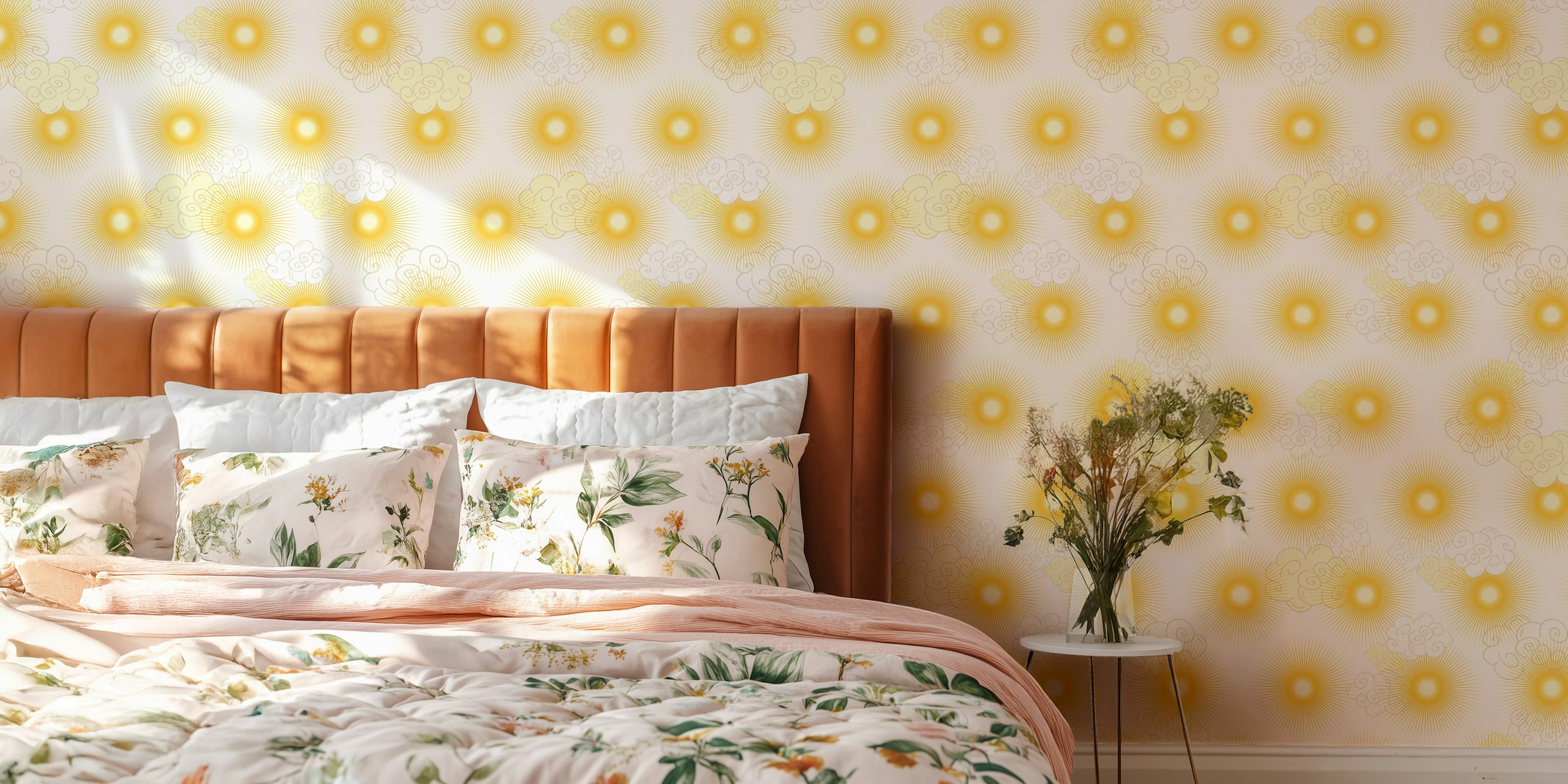 Yellow sun and white cloud pattern on light wallpaper