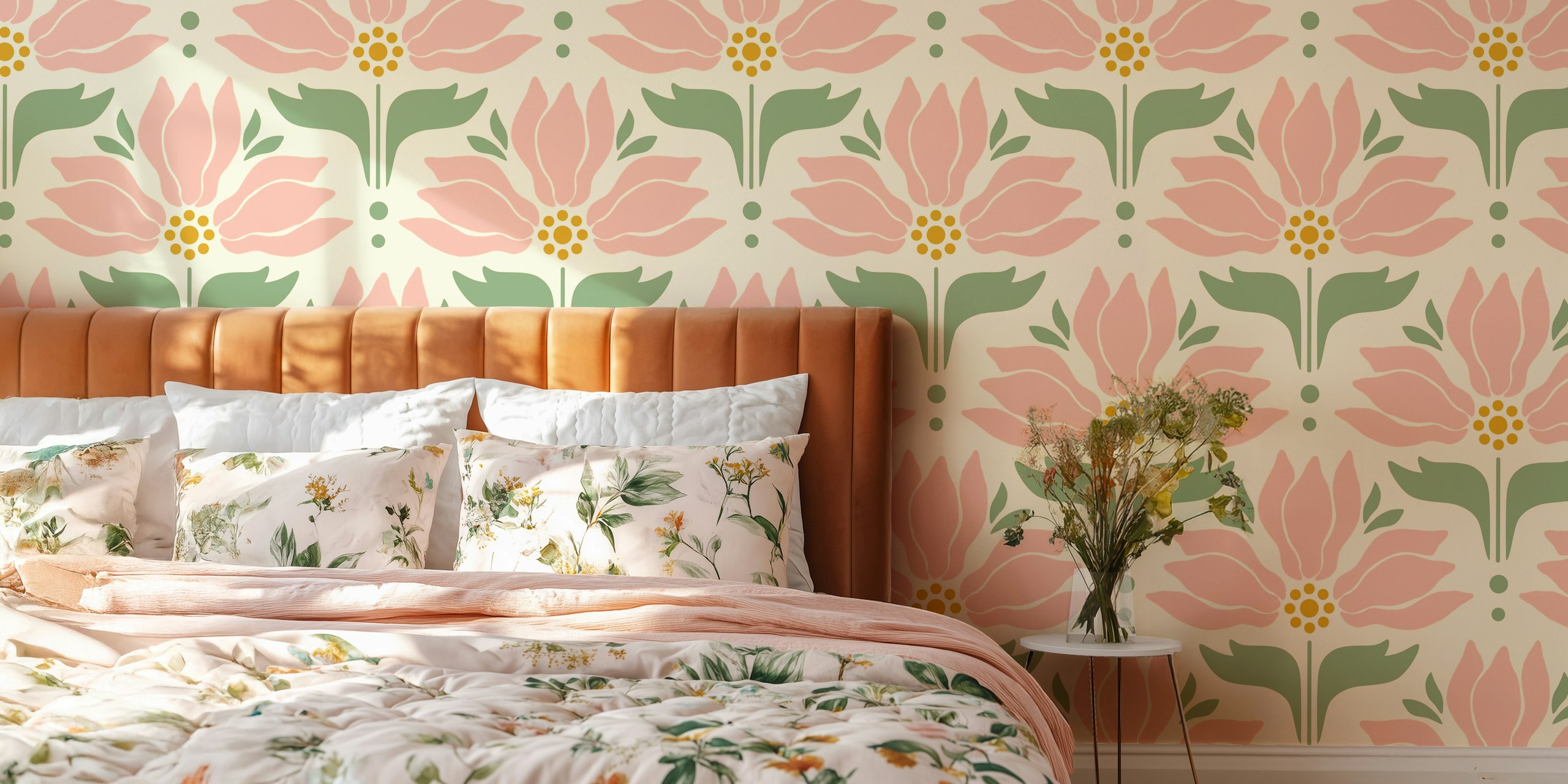 Retro floral wallpaper featuring pink flowers and green leaves on a cream background