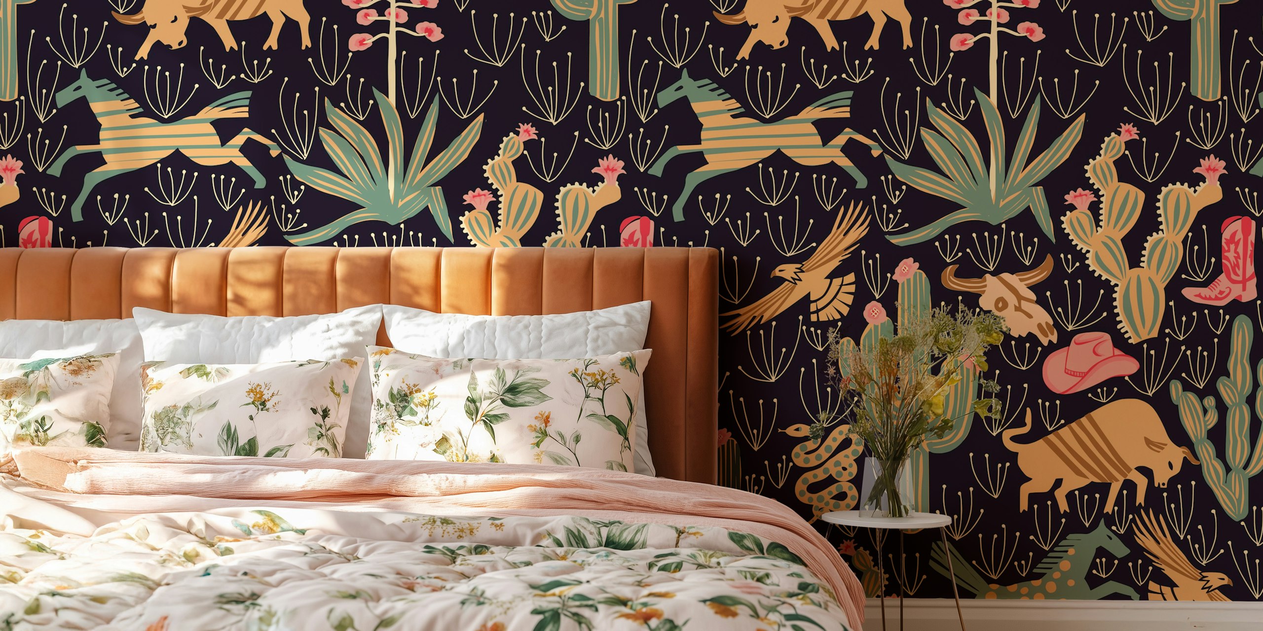 Kakteen, Tiere und Western Motive in bunten Farben auf dunklem Hintergrund wallpaper