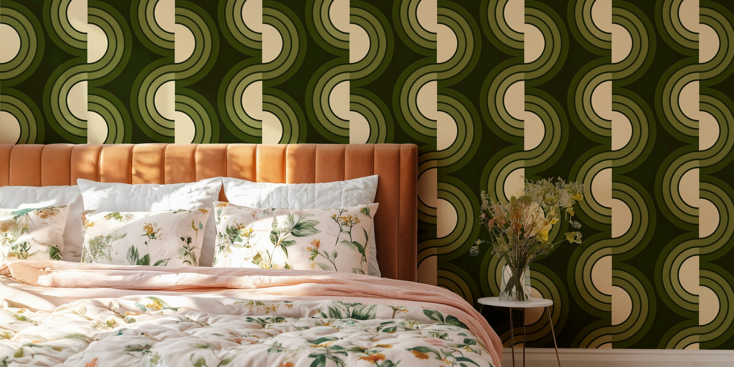 Green circular swirl pattern wallpaper featuring cream accents