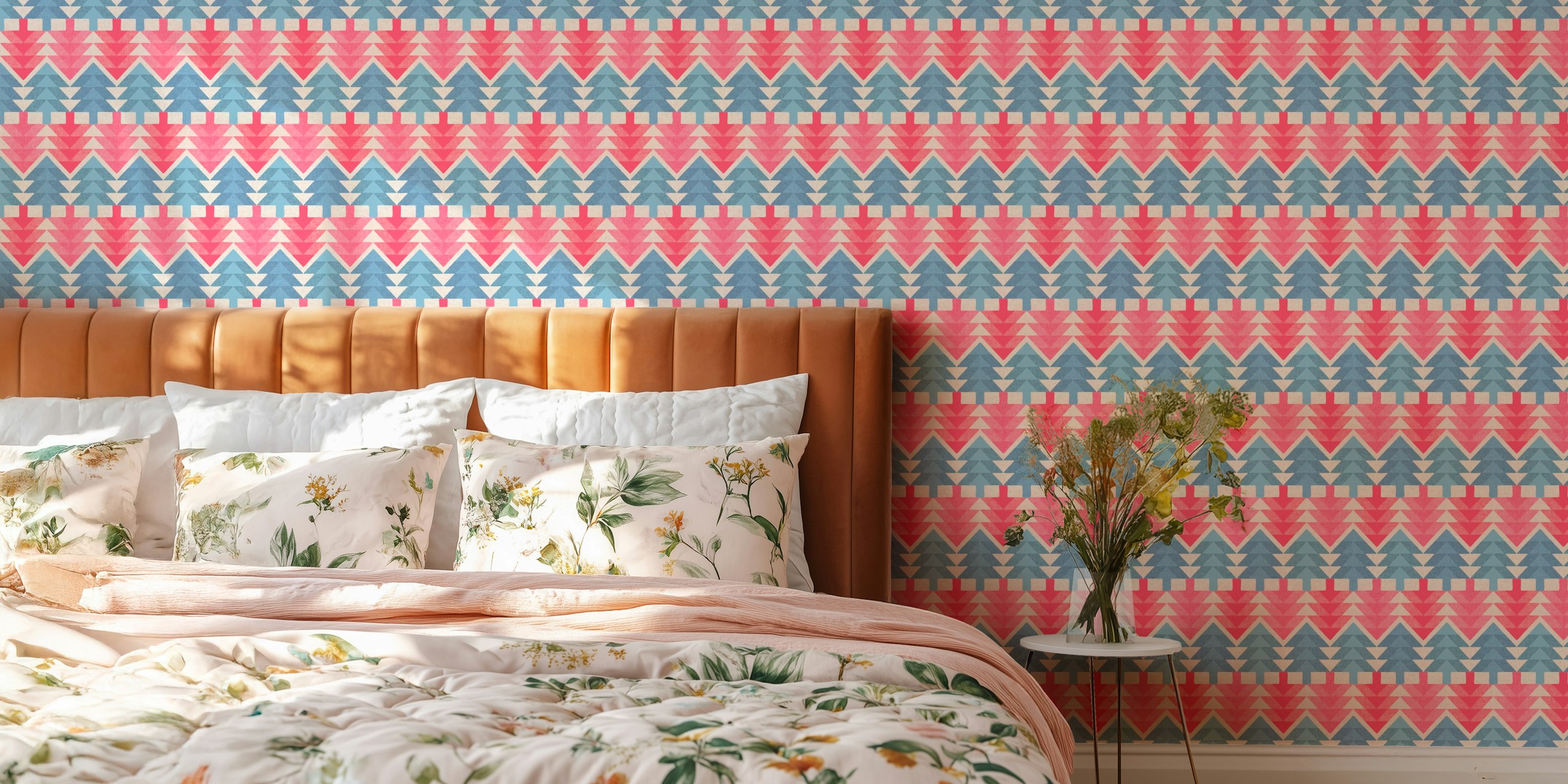 Geometric pink and blue fir forest wallpaper