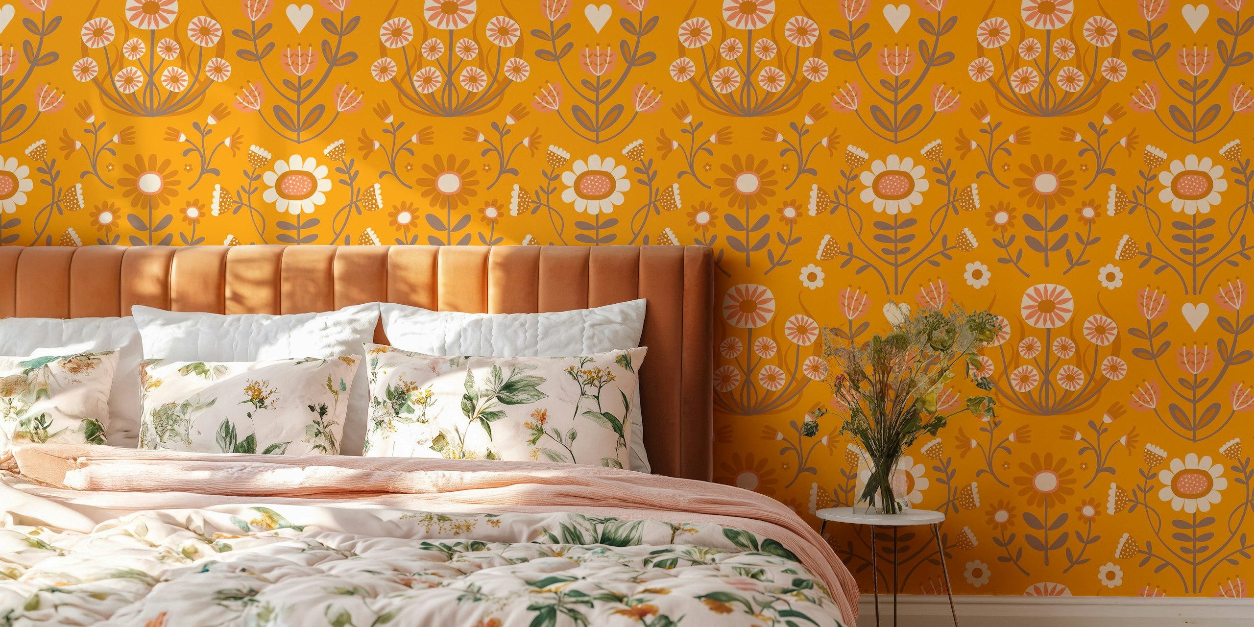 Papel de parede floral em um quarto claro