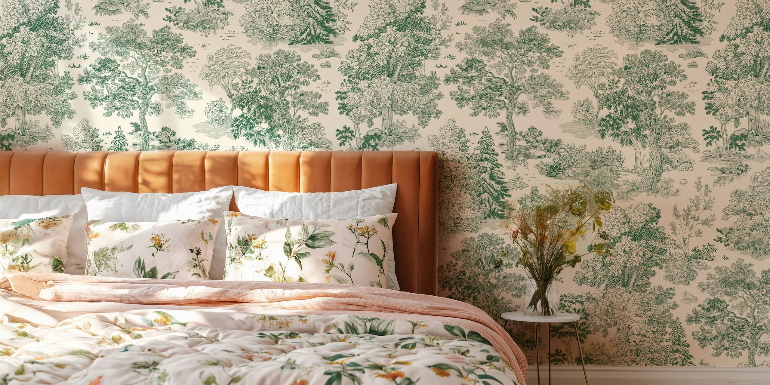 Detailed green tree illustrations on a light background wallpaper