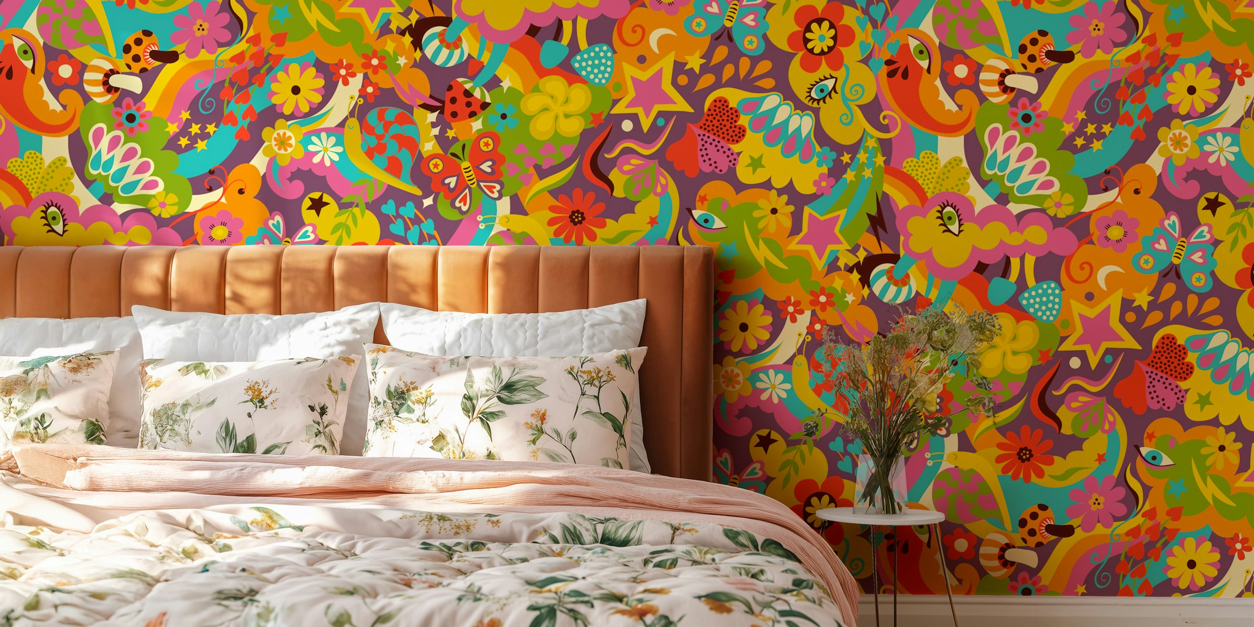 Colorful psychedelic patterns with flowers, butterflies, and abstract shapes wallpaper