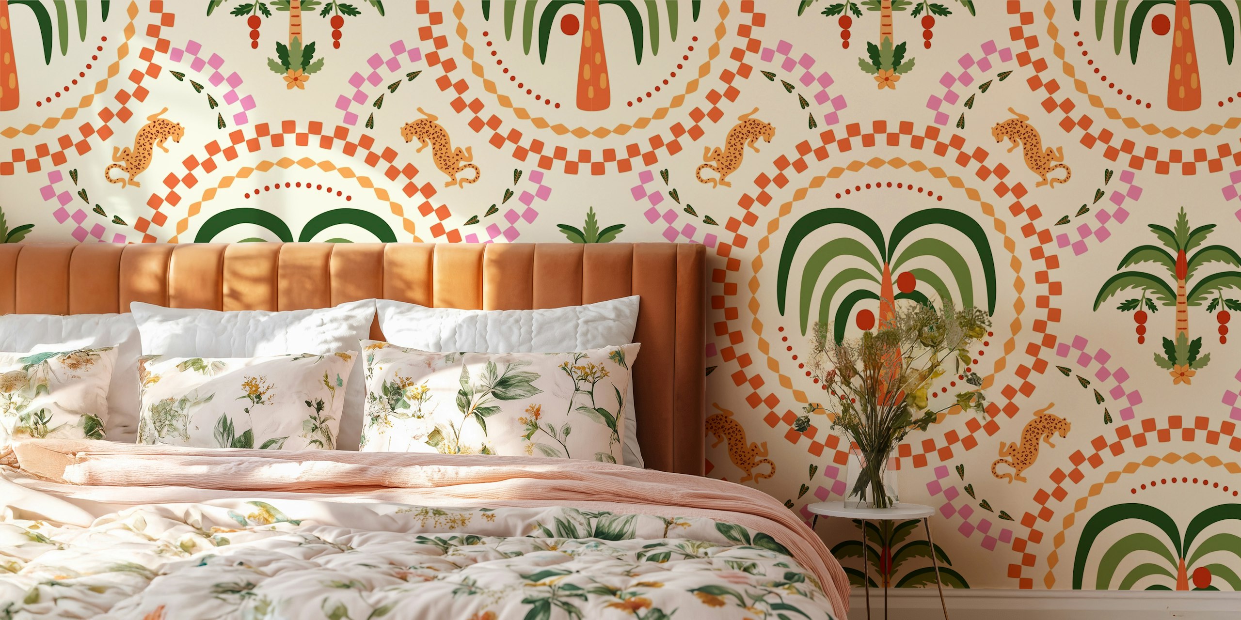 Palm and Leopard Elegance wallpaper in a room