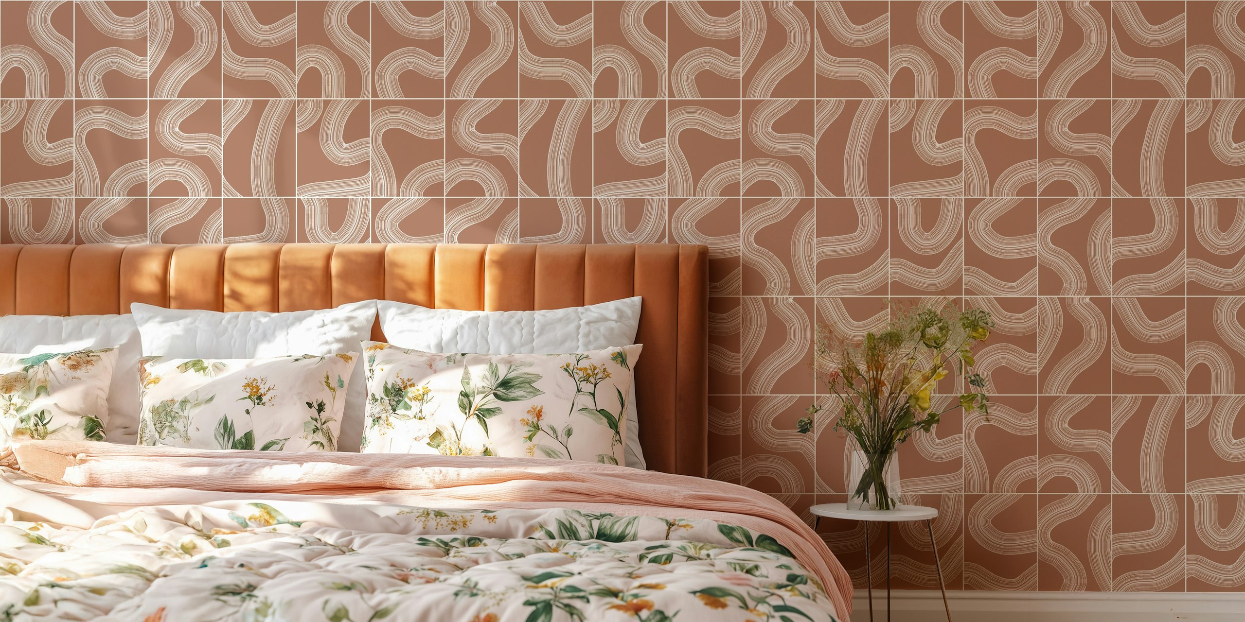 Mocha brown abstract wavy lines pattern wallpaper