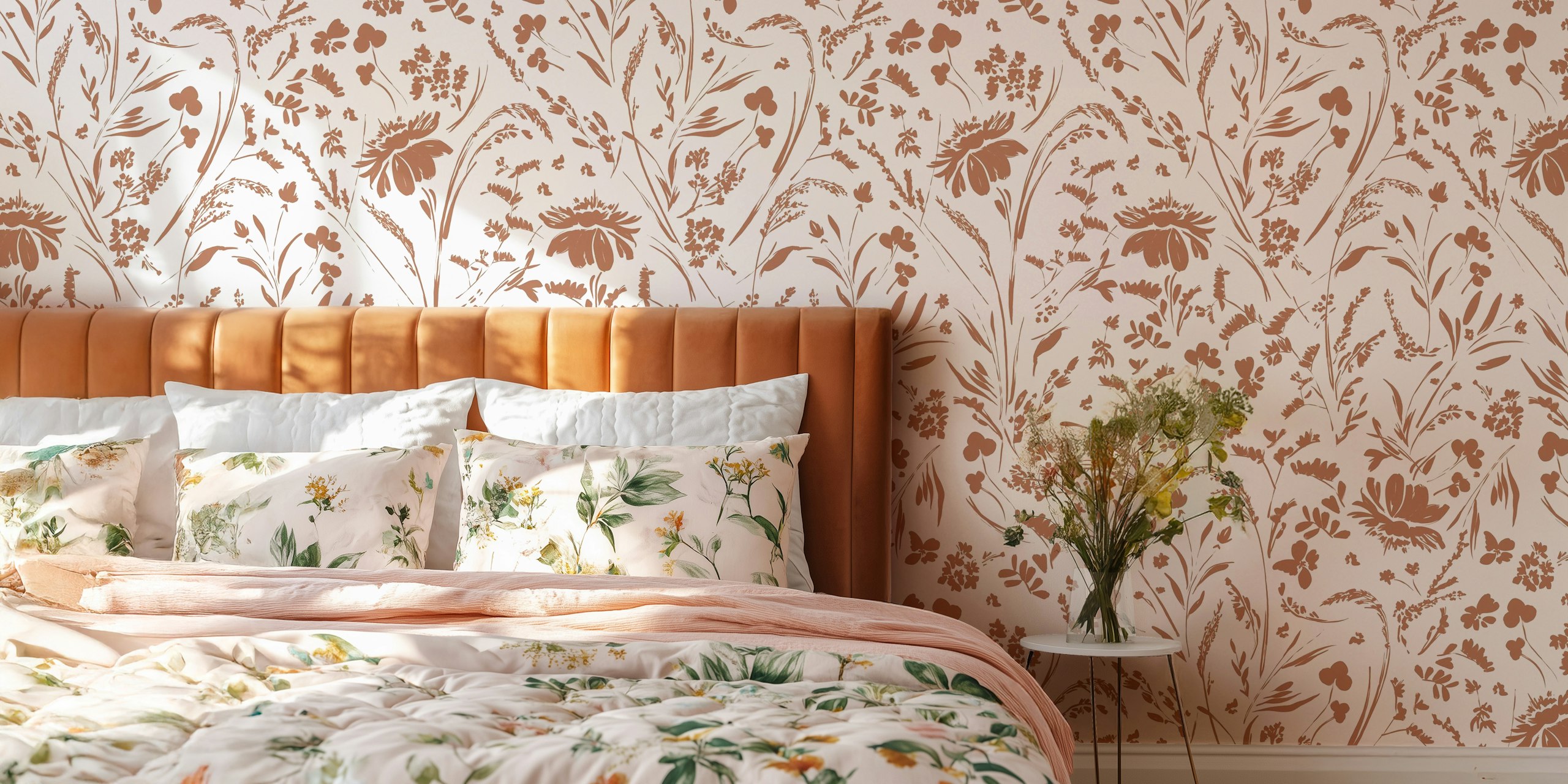 Brown floral pattern with various flowers and leaves wallpaper