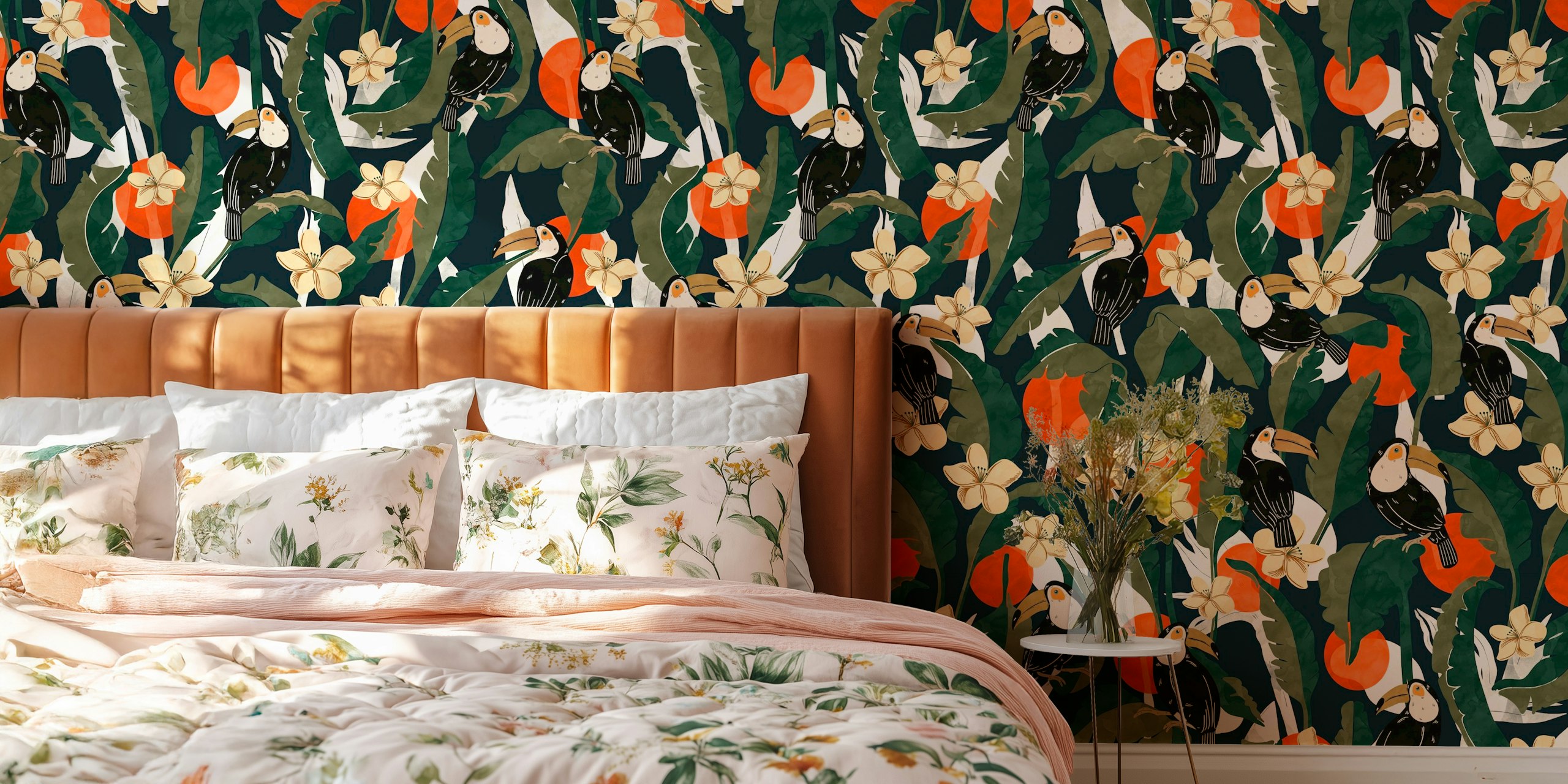 Toucan birds surrounded by tropical leaves and flowers wallpaper