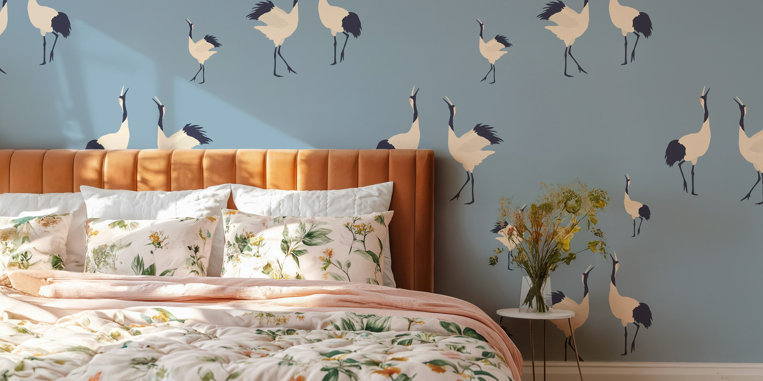 Crane wall mural with detailed white cranes on blue background wallpaper