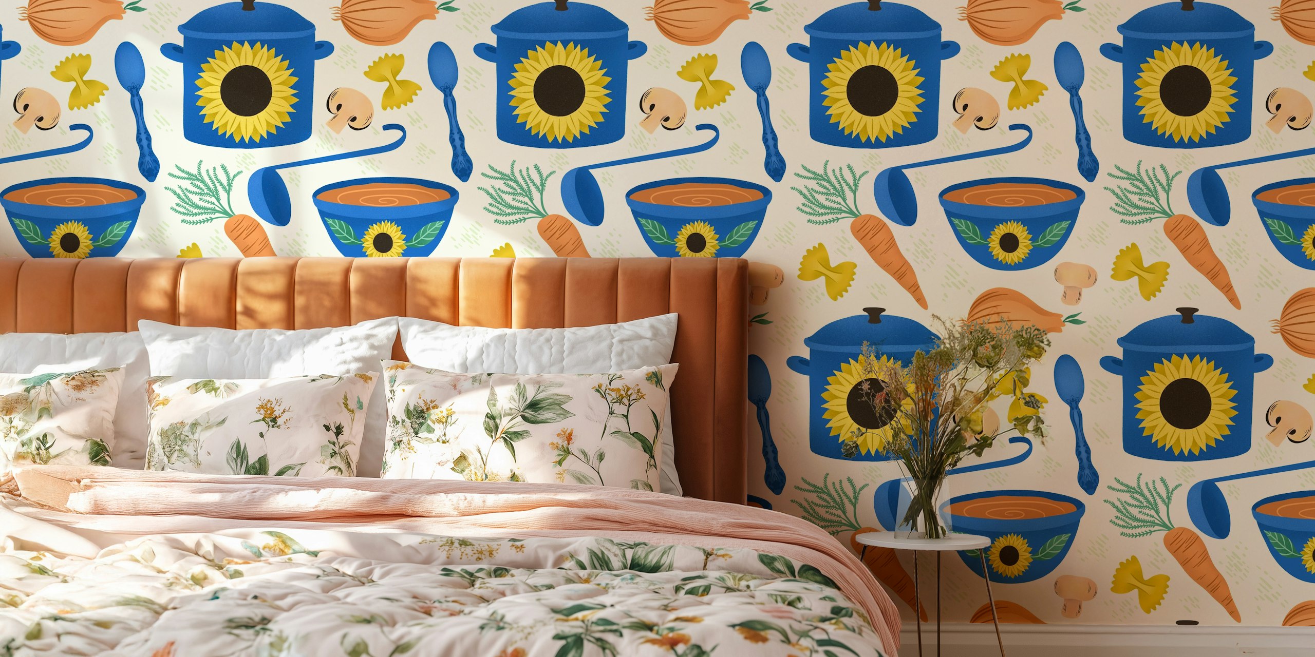 Colorful kitchen-themed wallpaper with bowls, pots, sunflowers, and vegetables