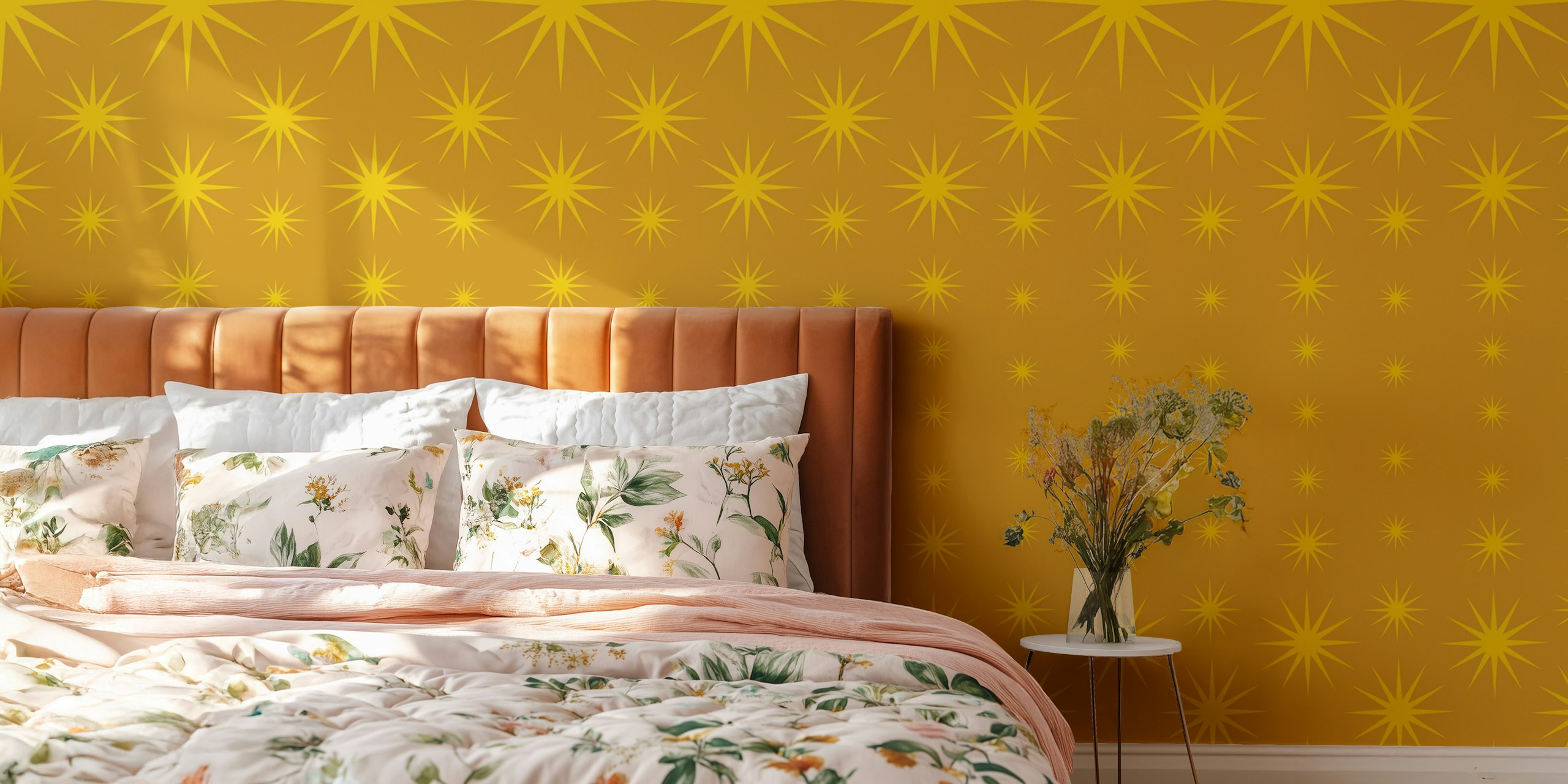 Mustard background with repeating gold star patterns wallpaper