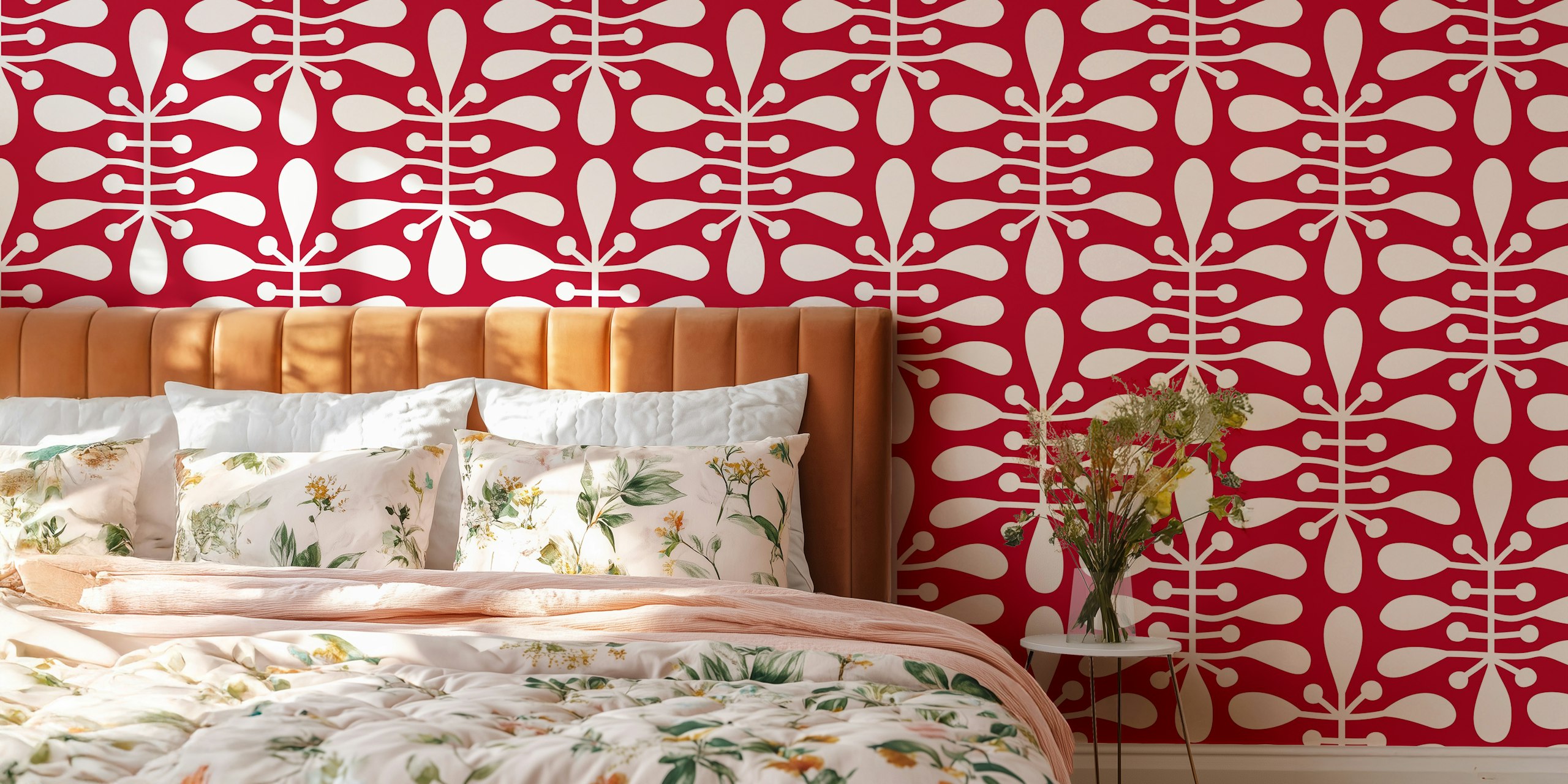 Red botanical pattern with white shapes wallpaper
