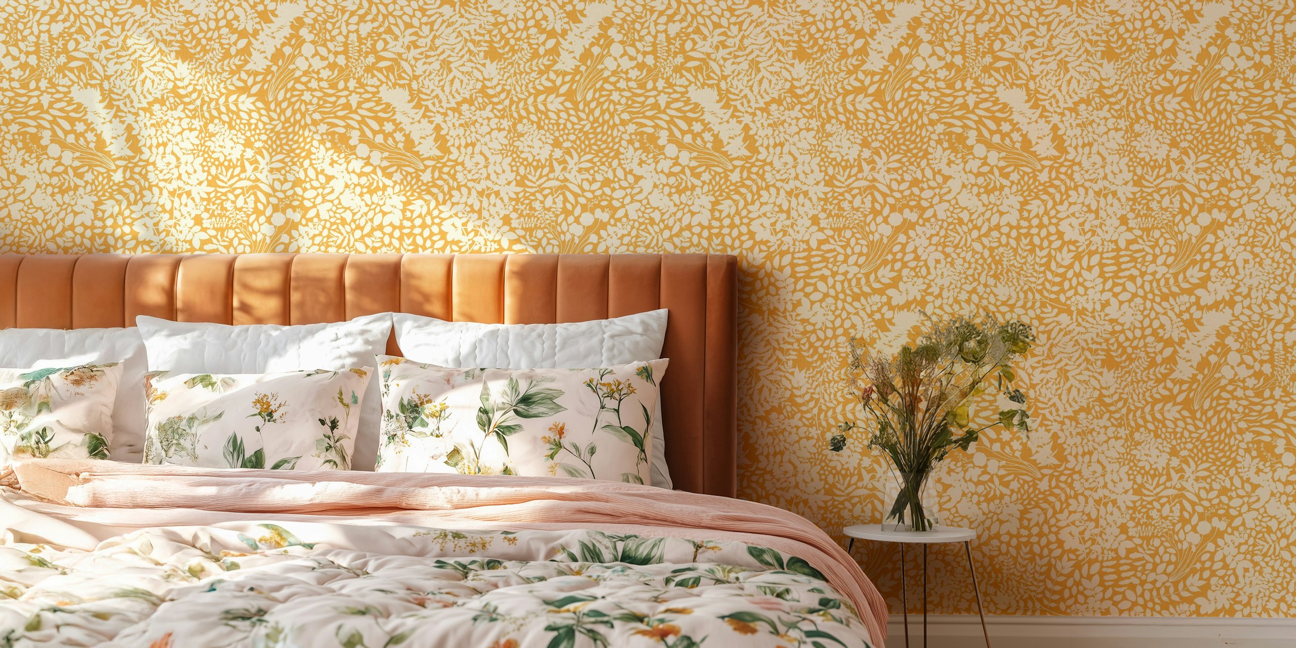 Wildflower pattern on sunny yellow background wallpaper