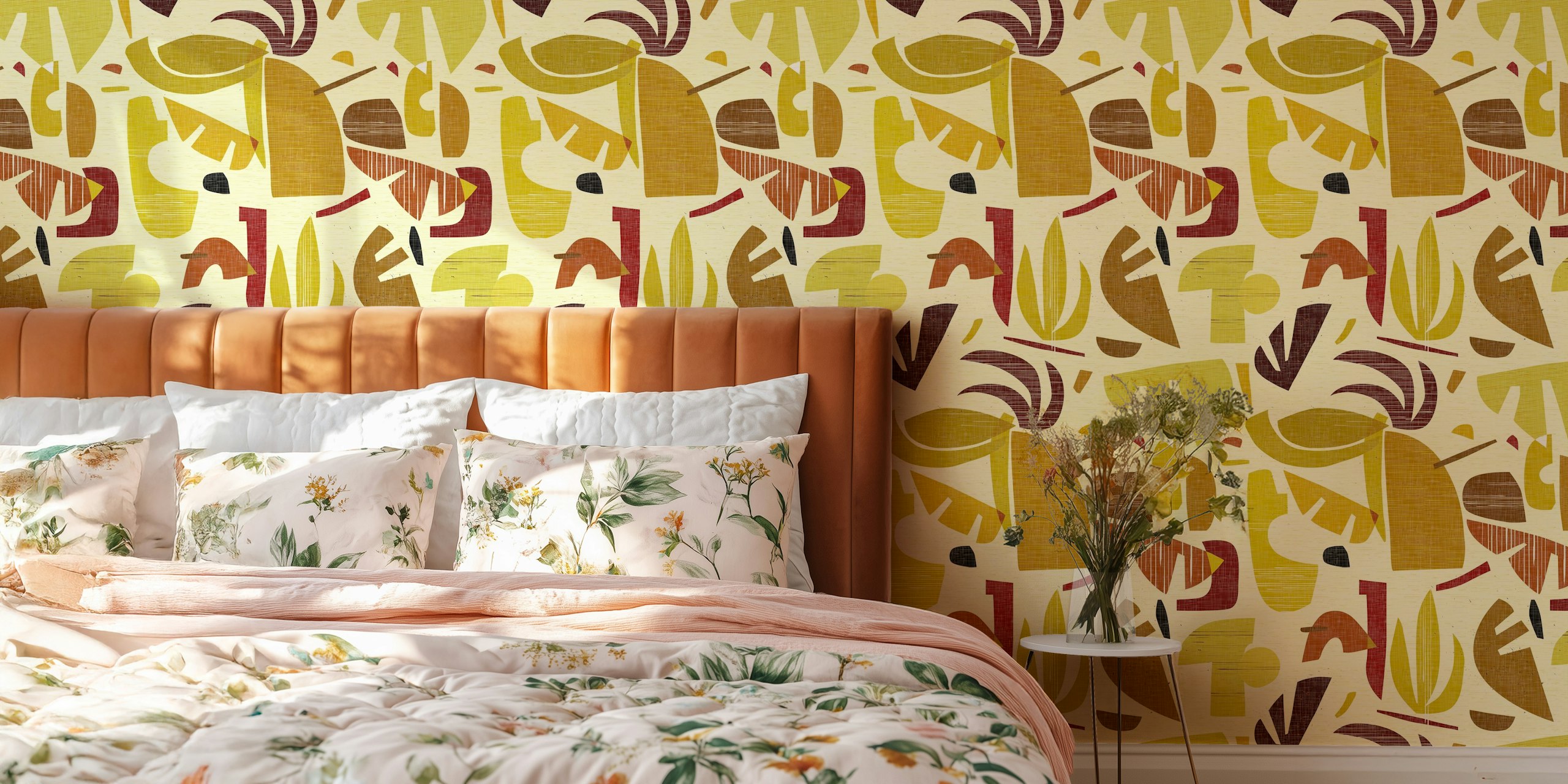 Colorful abstract tropical leaf pattern in earthy tones wallpaper
