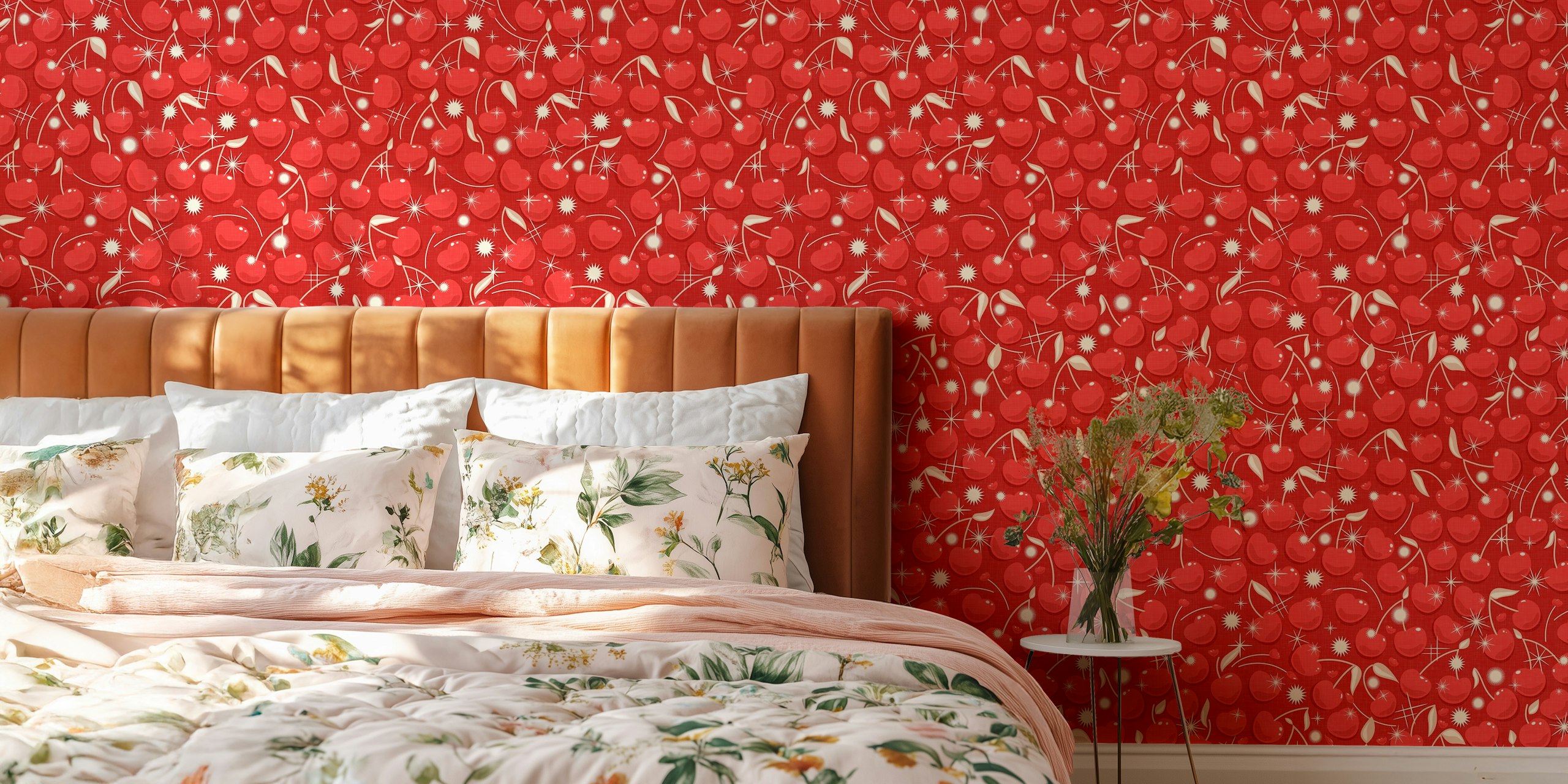 Red cherry pattern with white accents wallpaper