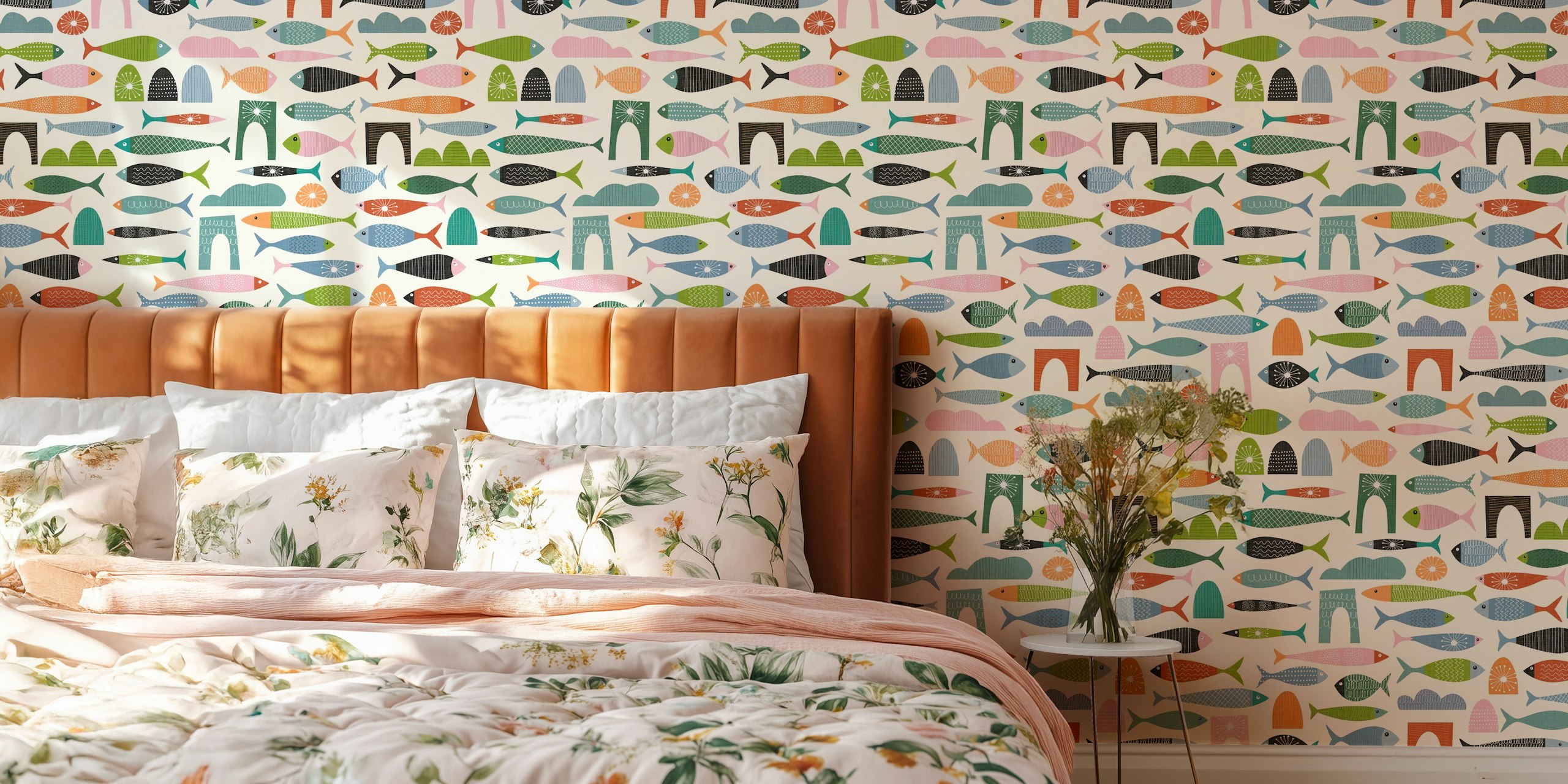 Colorful fish wallpaper in a room