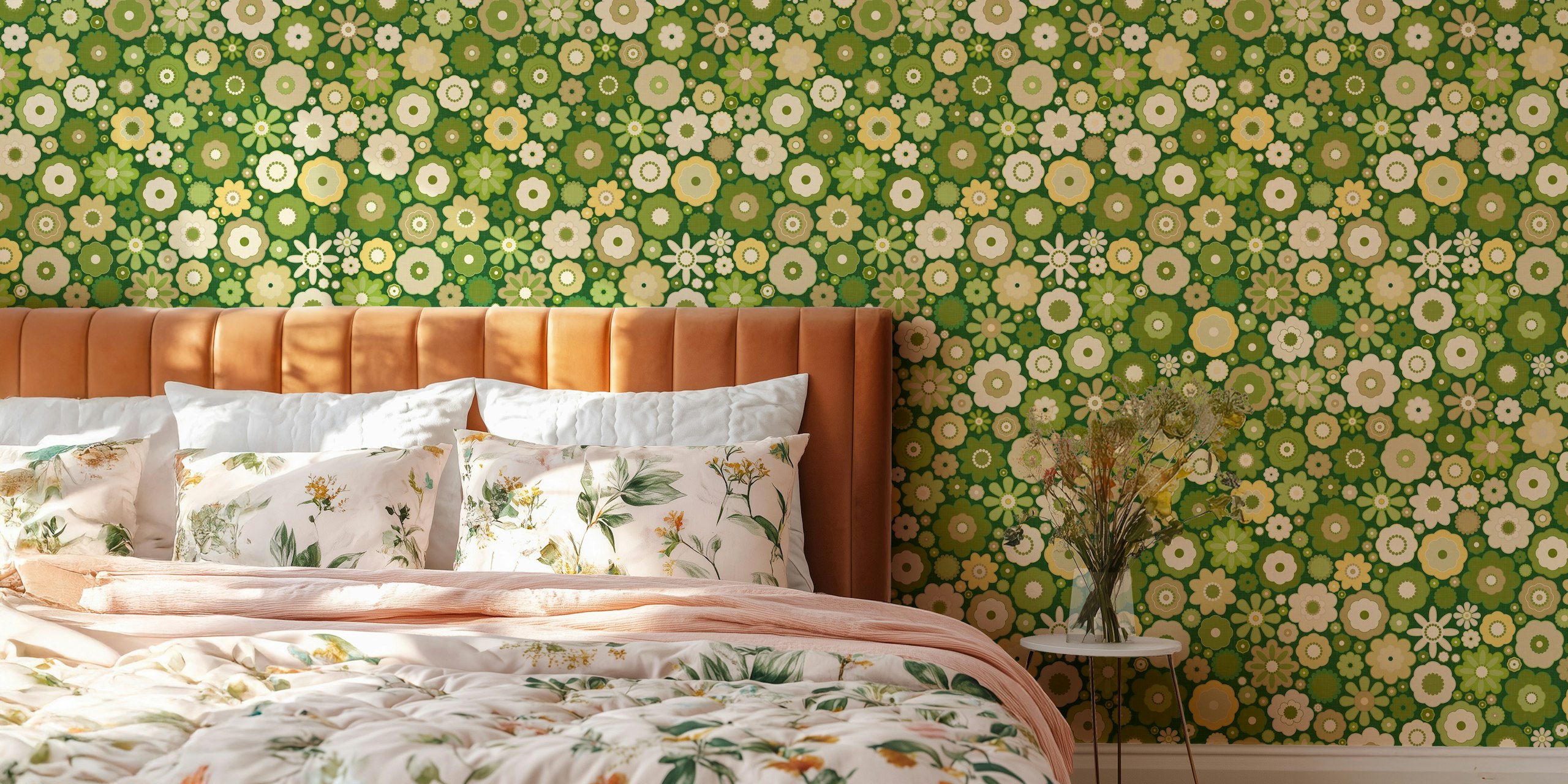 Retro geometric flowers wallpaper in a room