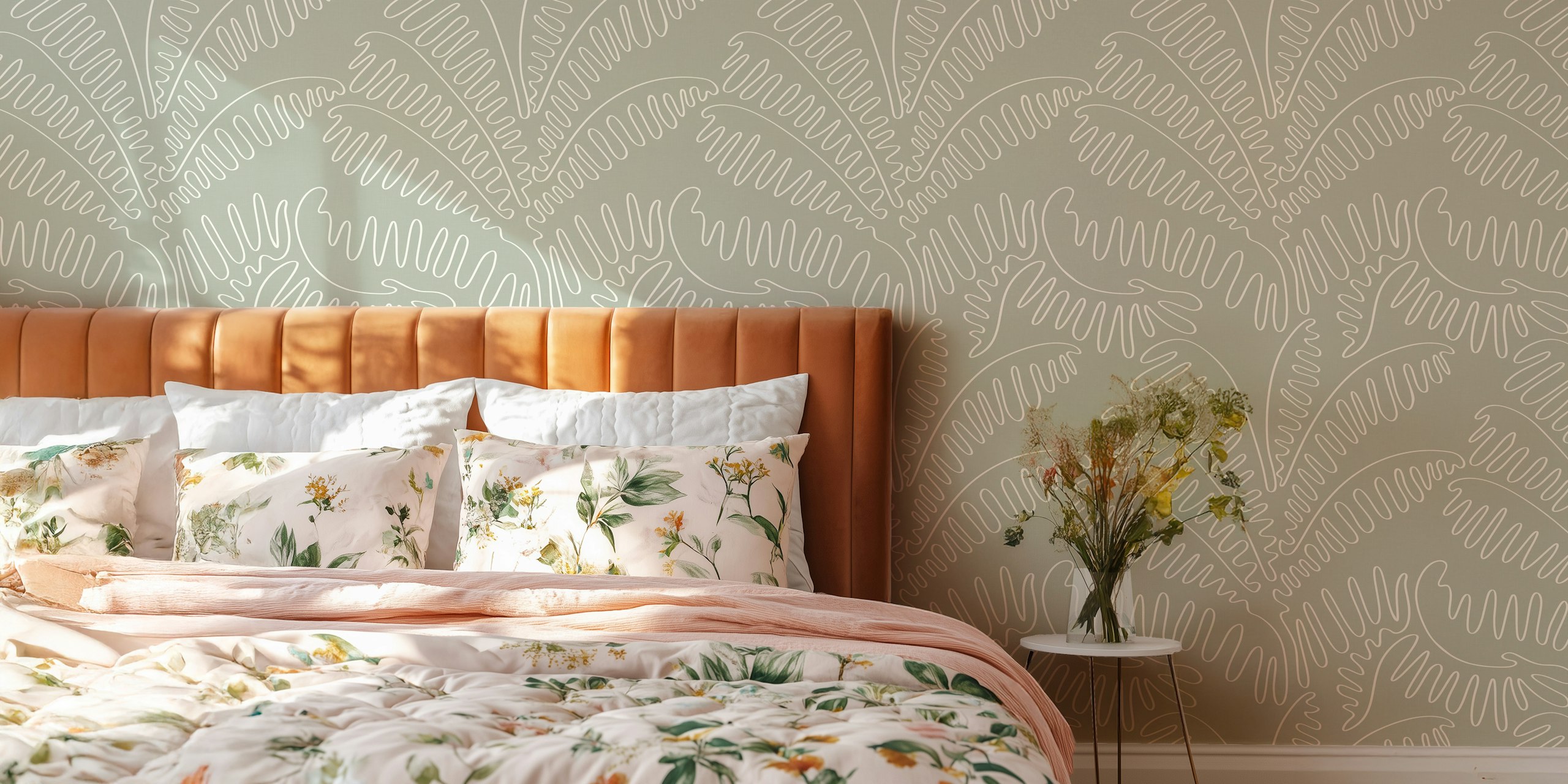 Palm leaves line art design in sage grey wallpaper