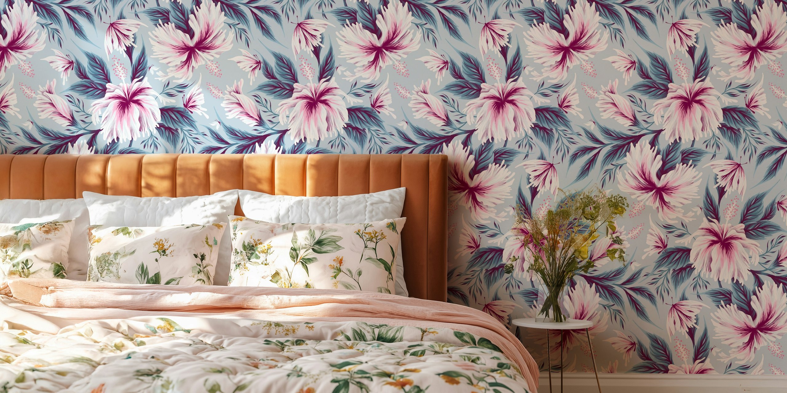 Hibiscus and butterflies wallpaper in a room
