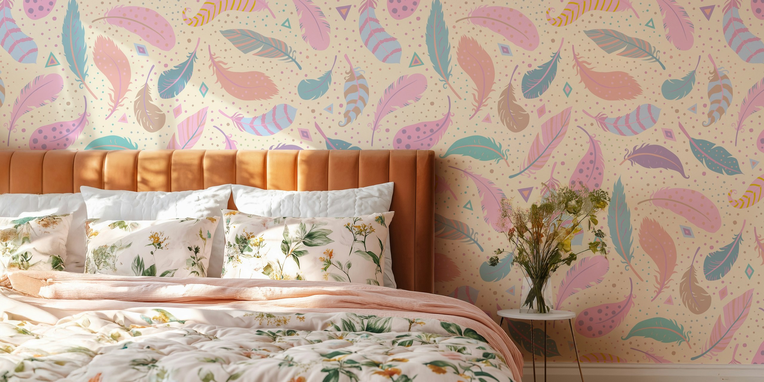 Colorful feather pattern in pink and blue on cream wallpaper