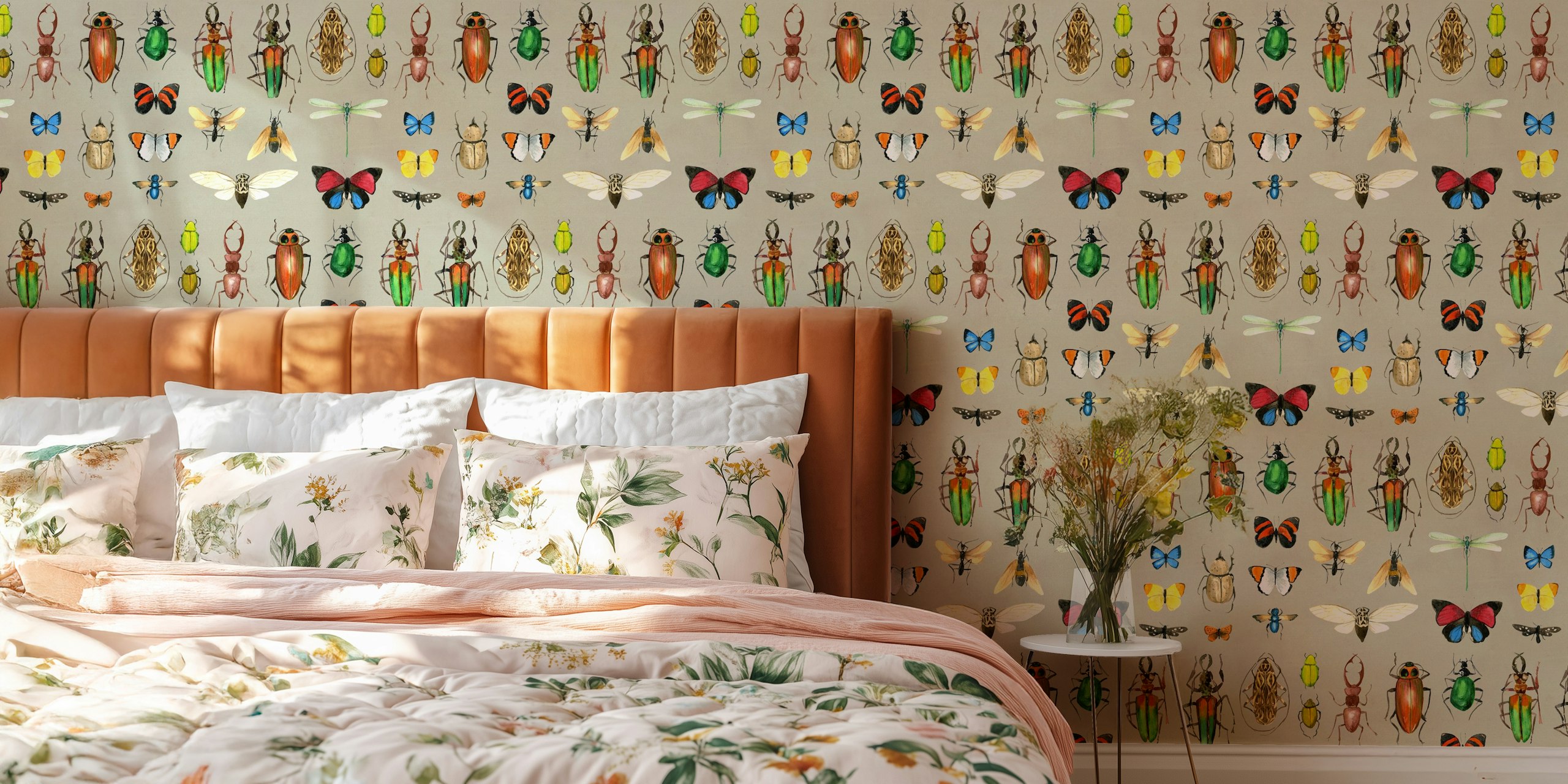 Colorful insects on a grey background wallpaper