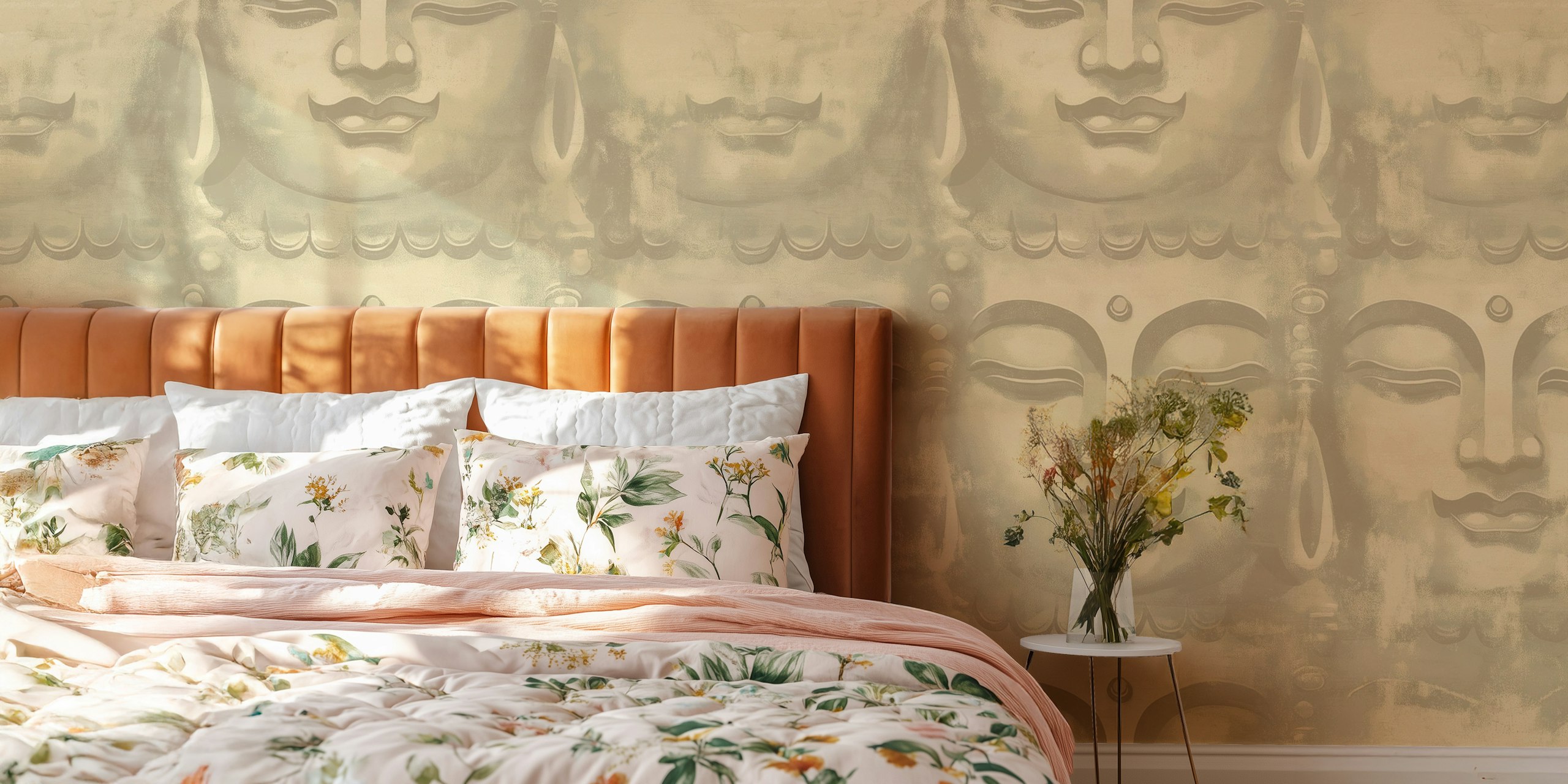 Buddha faces in soft sand tones artwork wallpaper