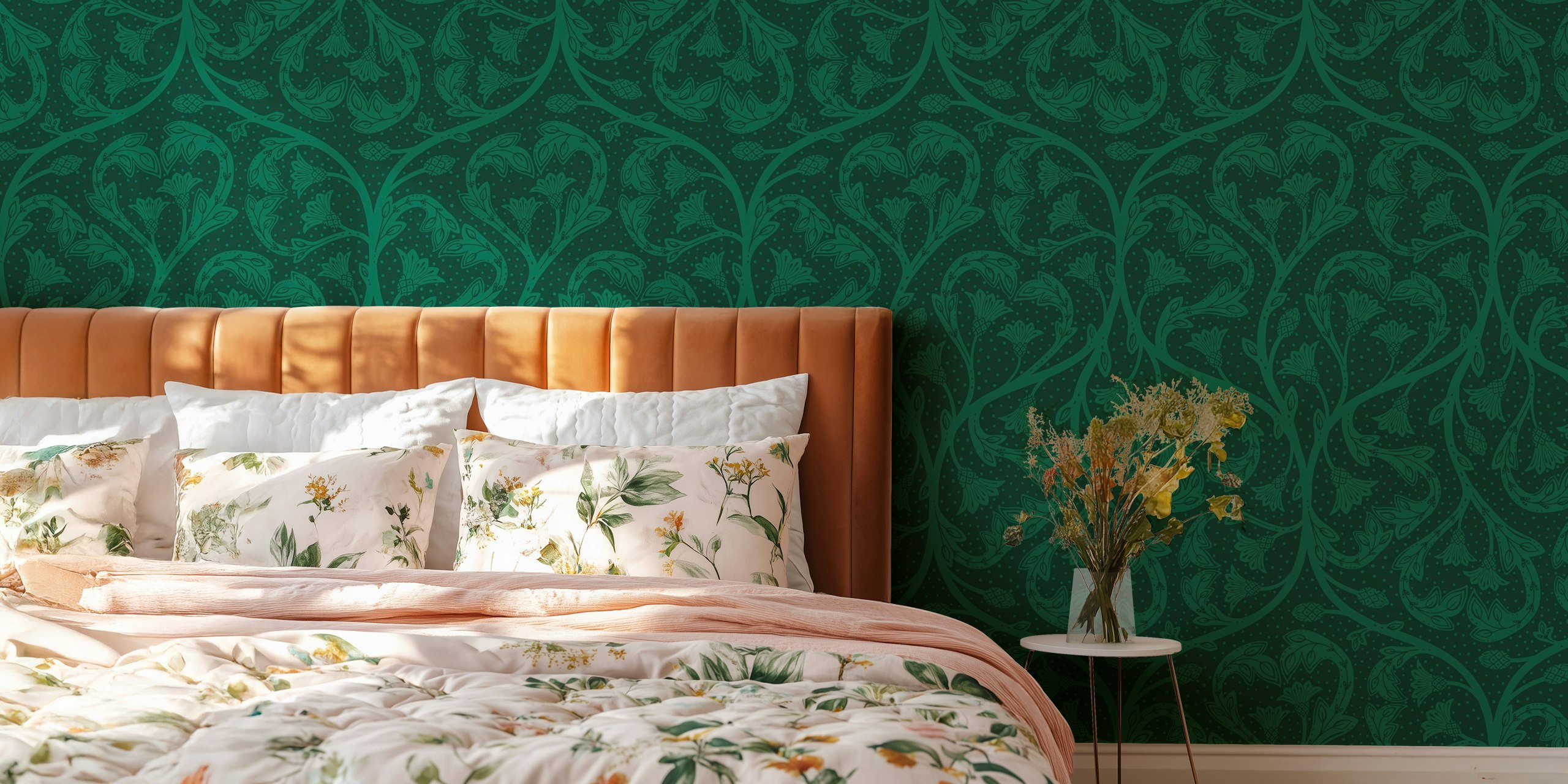 Green floral dandelion hearts pattern wallpaper