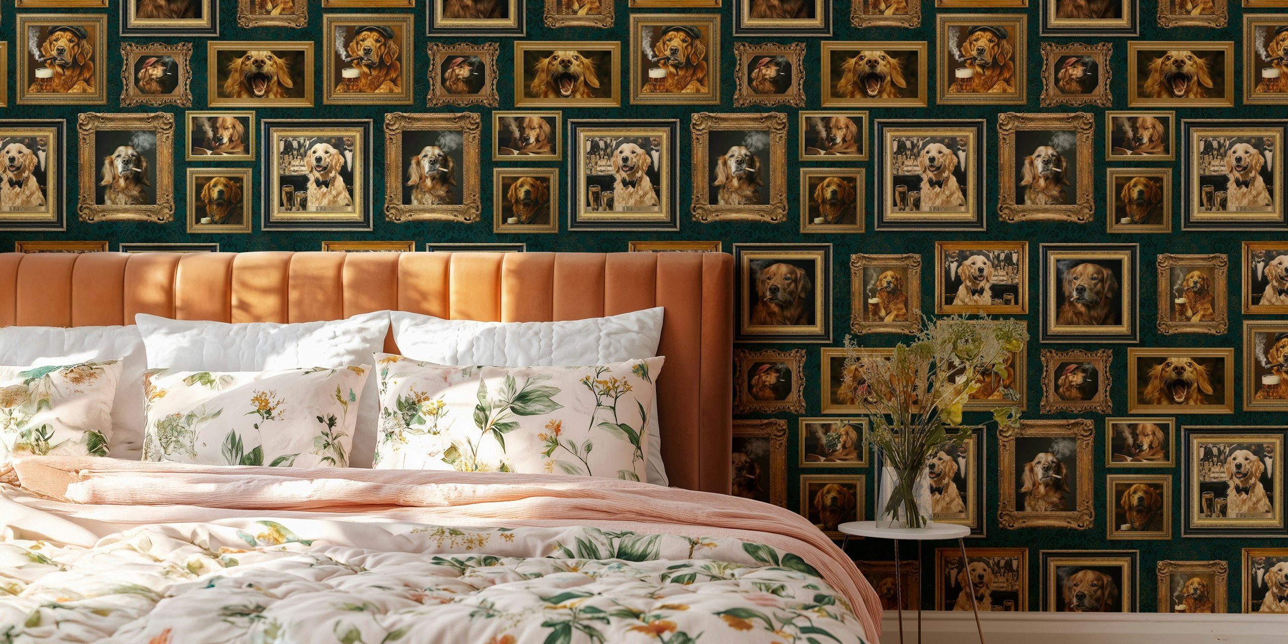 Various golden retriever portraits in ornate frames, dark background wallpaper