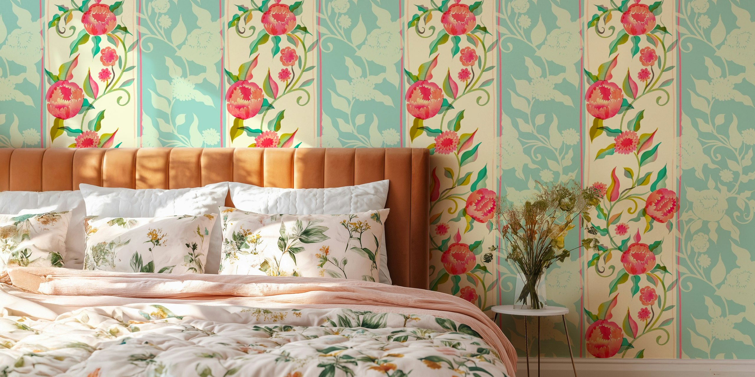 Royal Rokoko peonies chintz stripes papel tapiz en una habitación