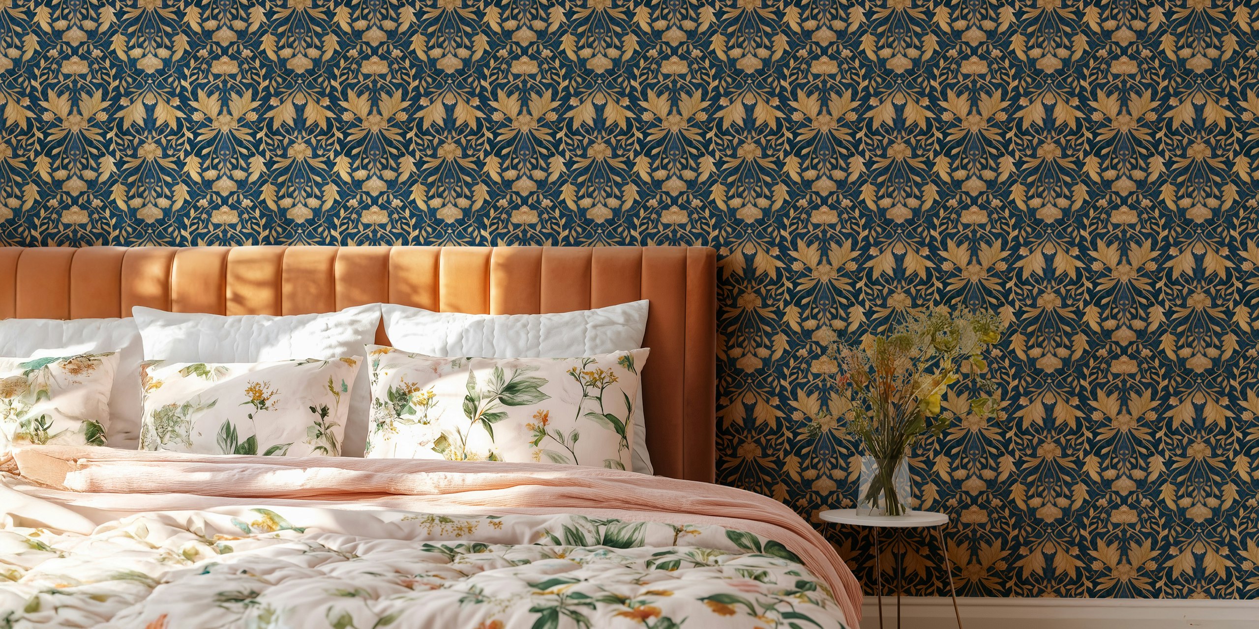 Floral damask wallpaper in navy blue and gold pattern