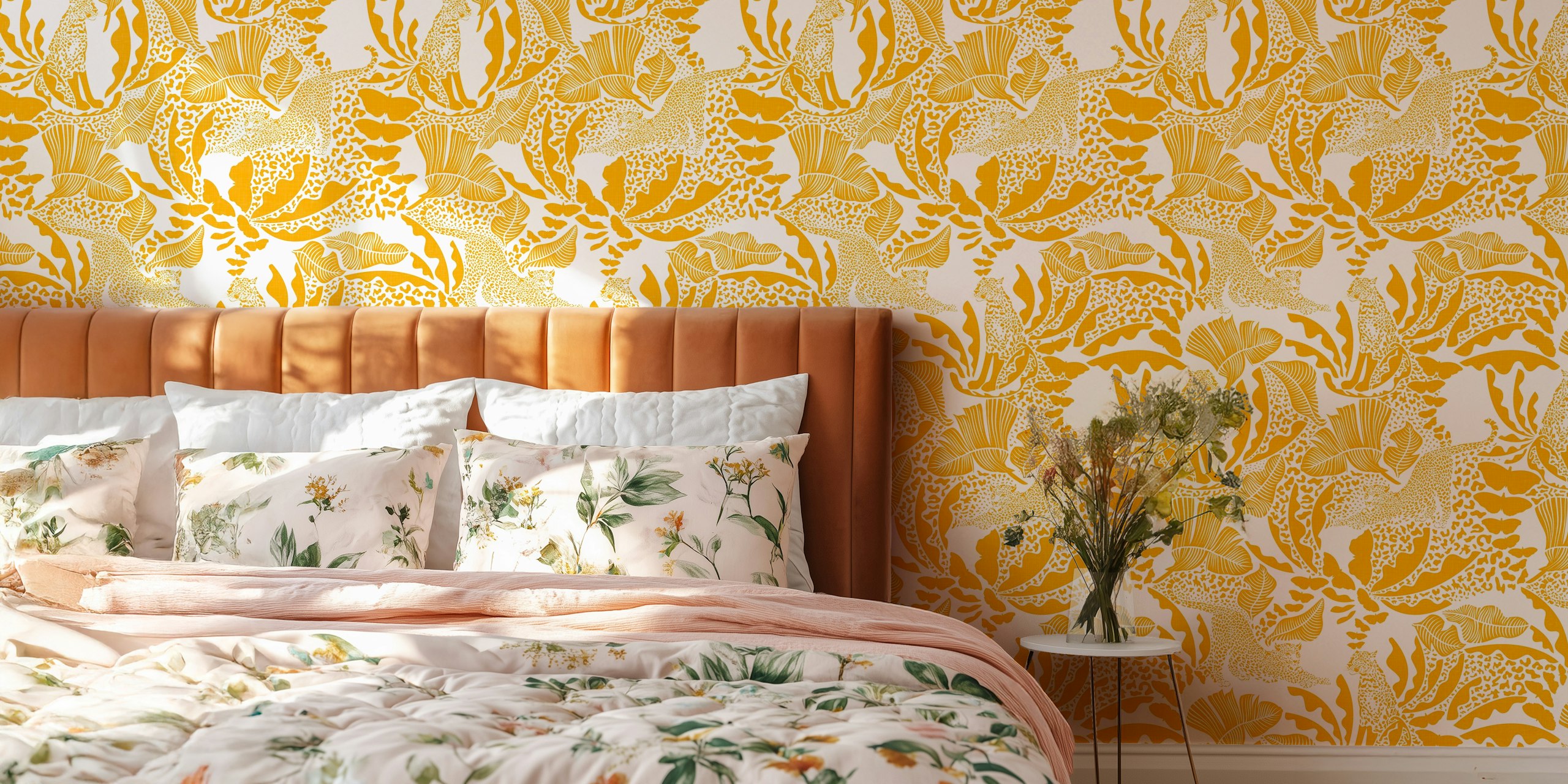 Yellow tropical jungle wallpaper with leopards and leafy patterns