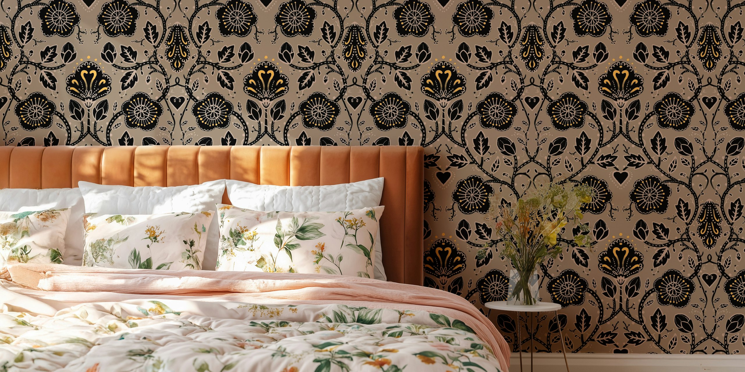 Vintage floral pattern in black and gold with leaves and flowers wallpaper