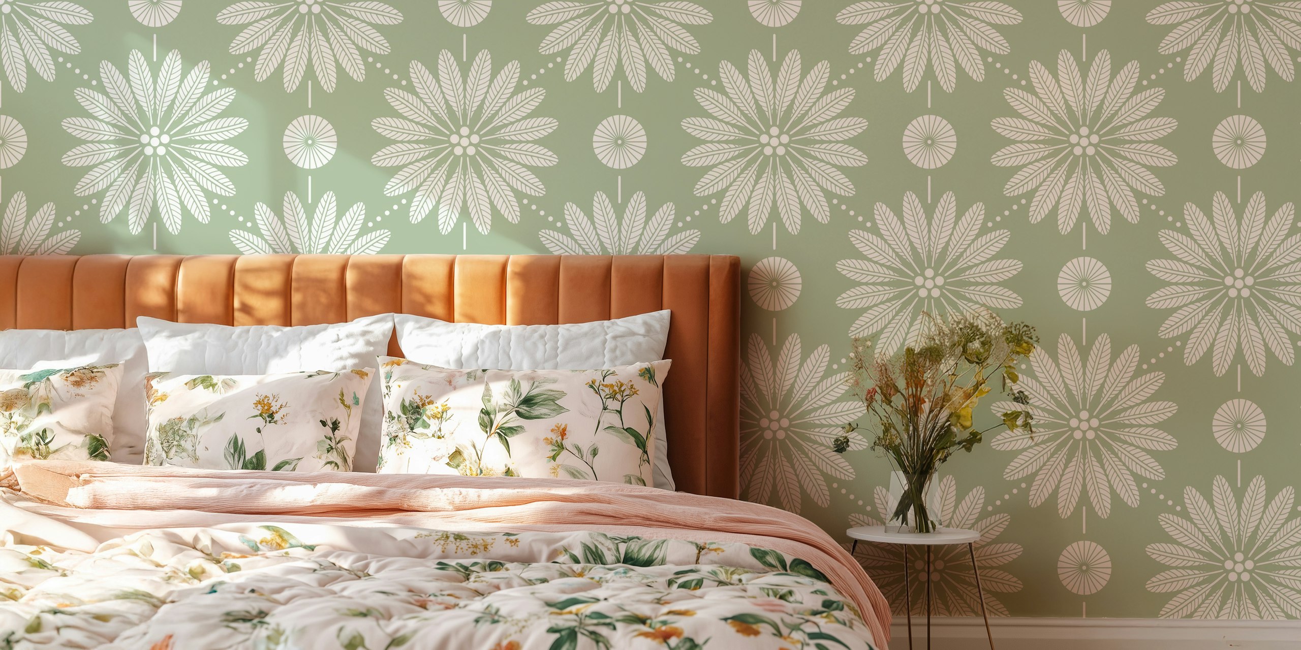 Palm Terrace sage green wallpaper in a room