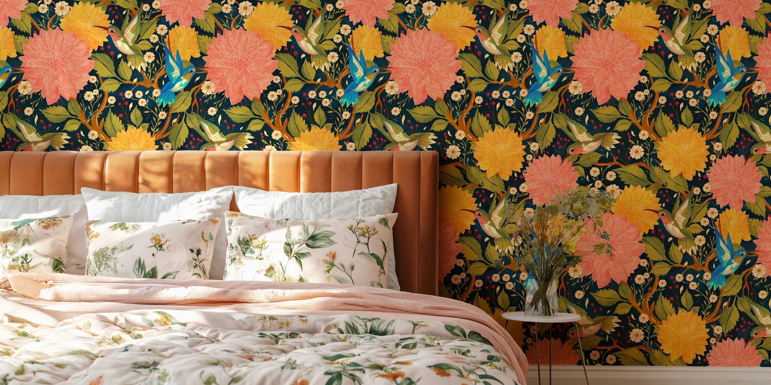 Hummingbirds and Dahlias tapeta u sobi