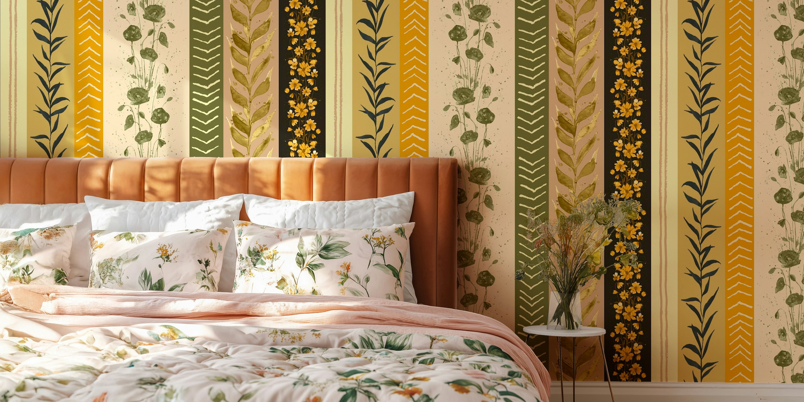 Floral and leafy patterns in green, yellow, and beige wallpaper.