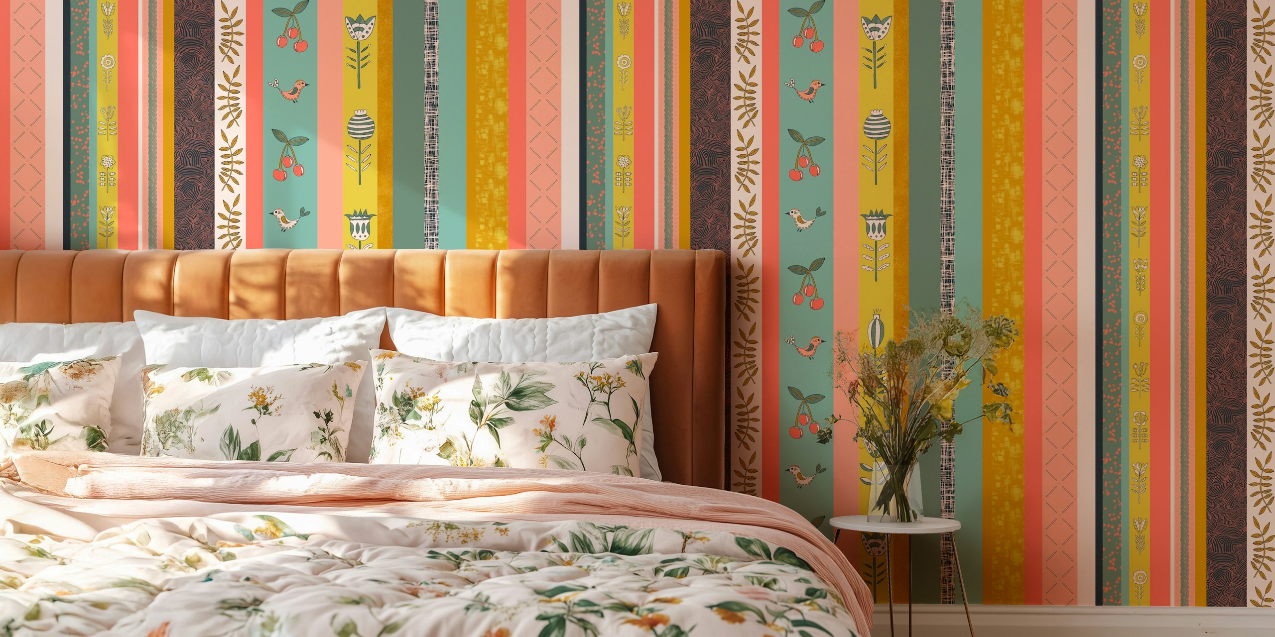 Whimsical Garden Stripes wallpaper in a room