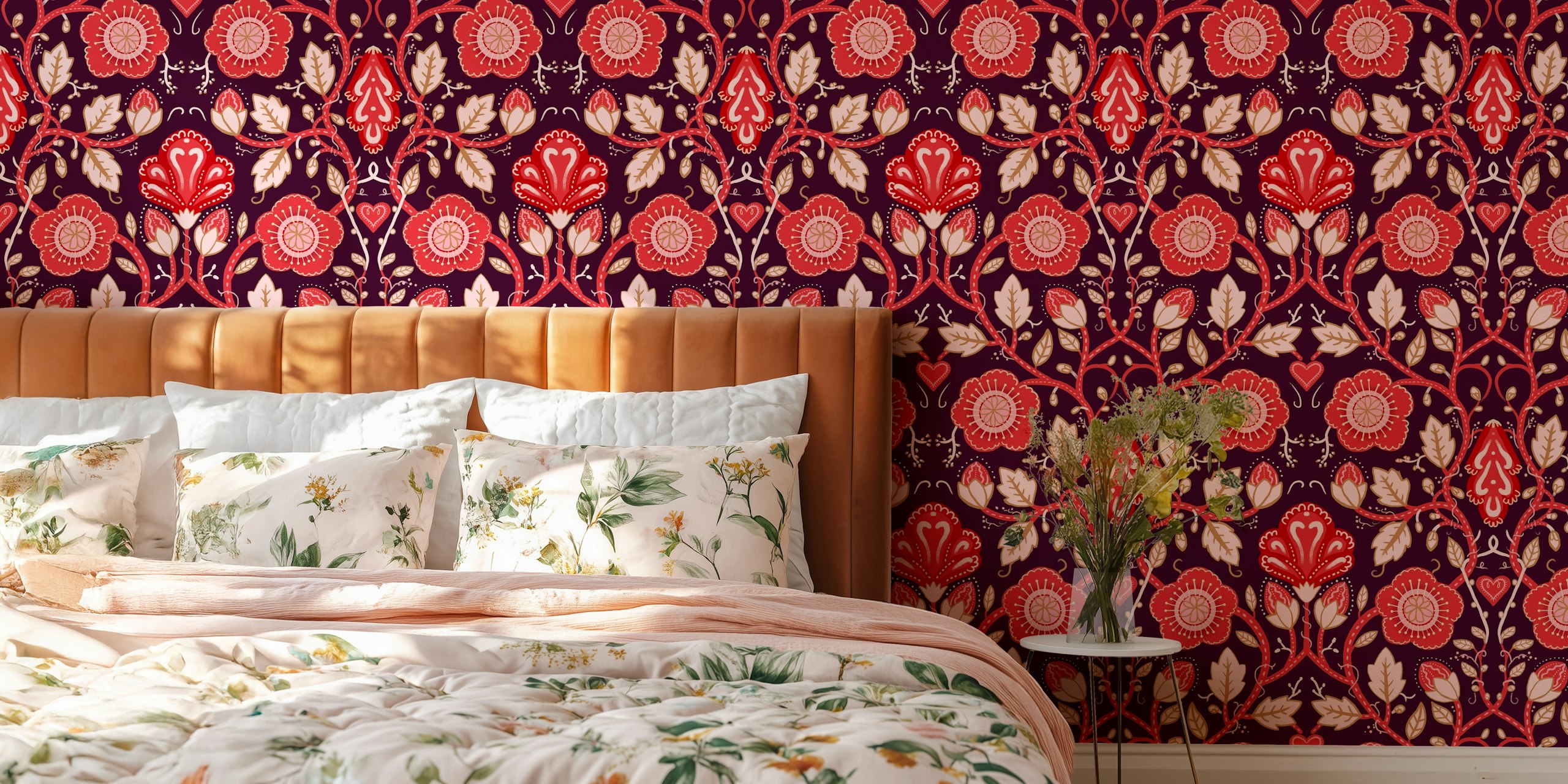 Flower patterns in red and pink with leafy vines wallpaper