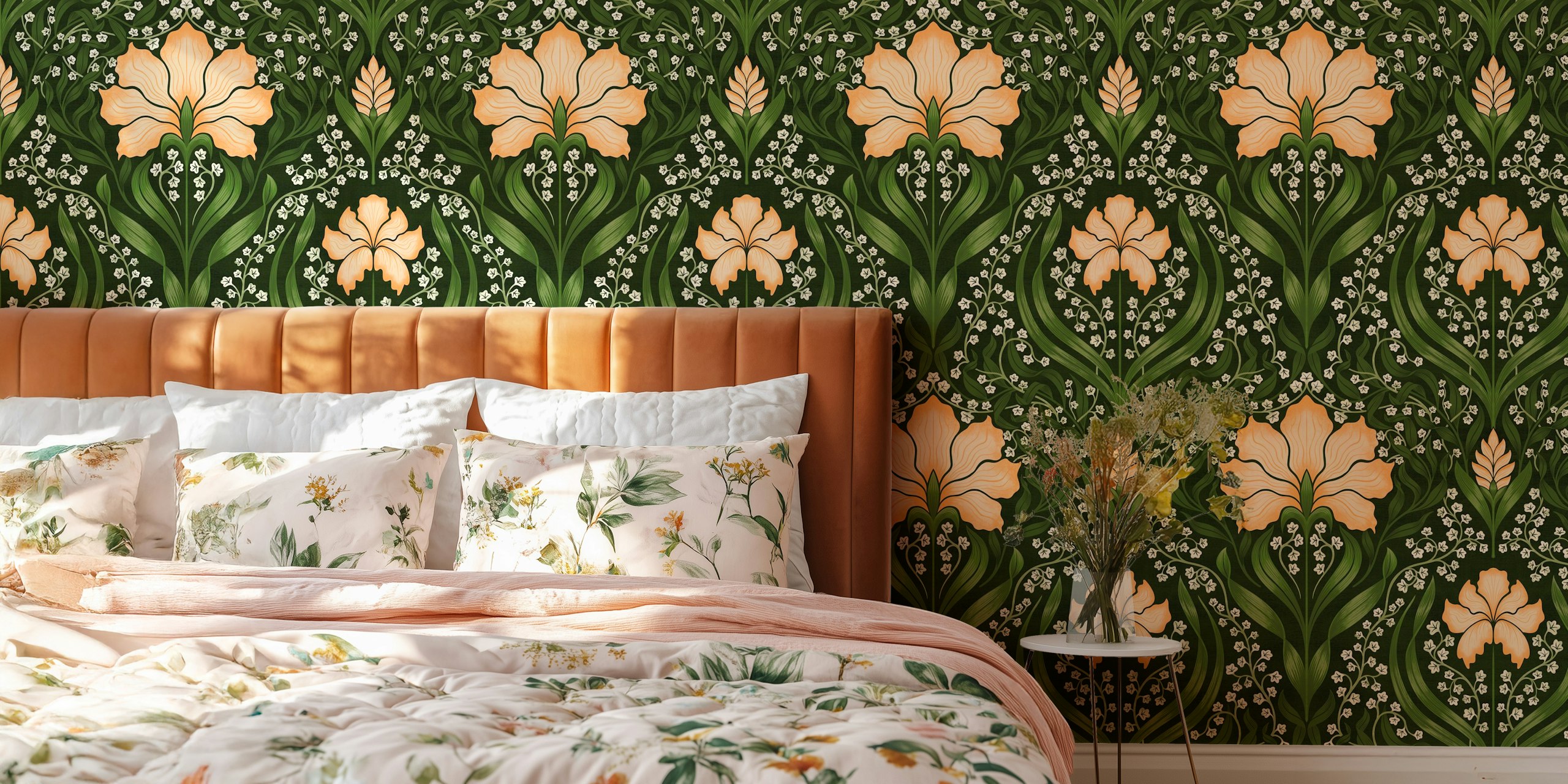 Intricate floral damask wallpaper na tonalidade damasco