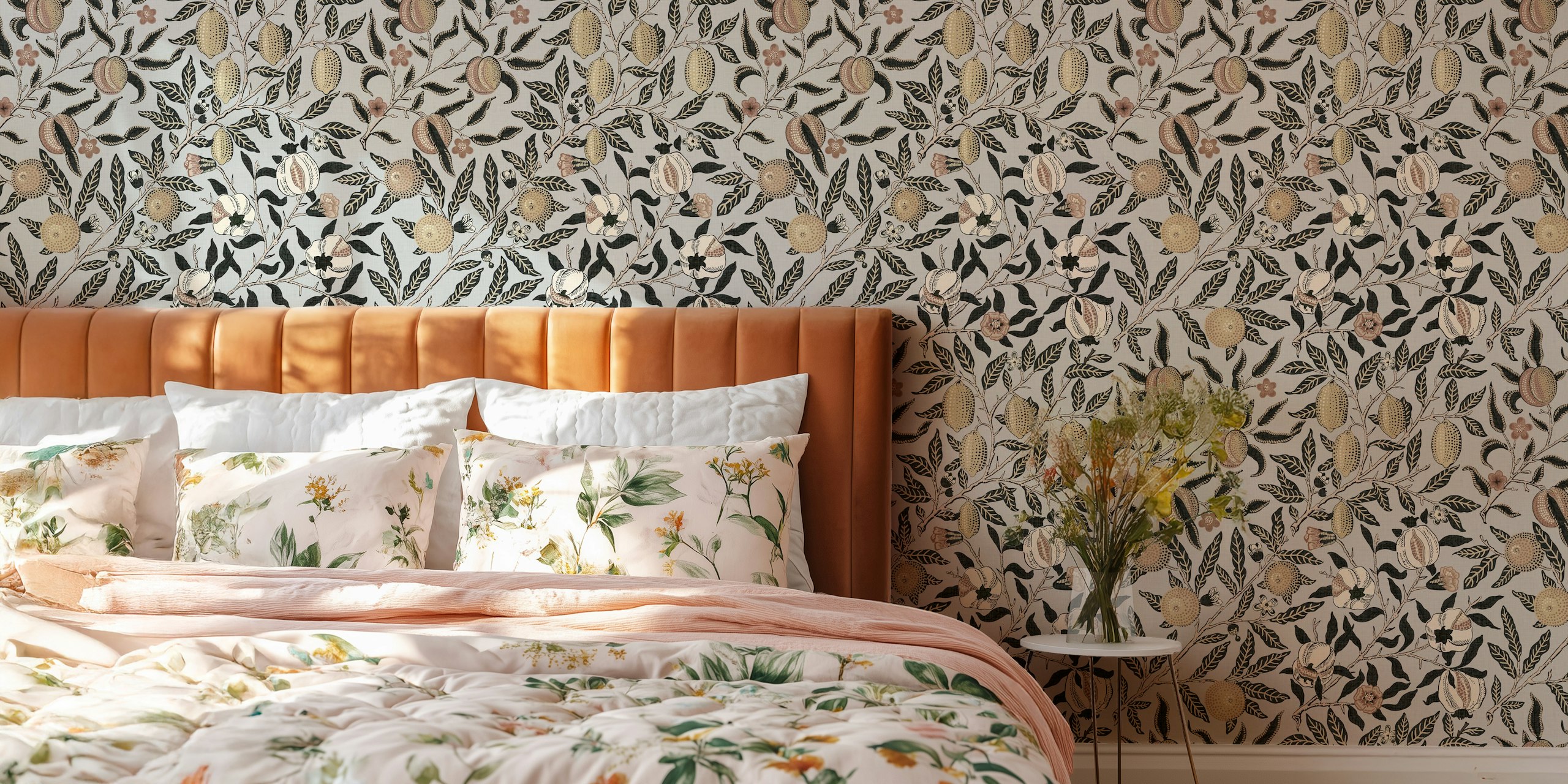 Pomegranate and floral design in soft colors on grey background wallpaper