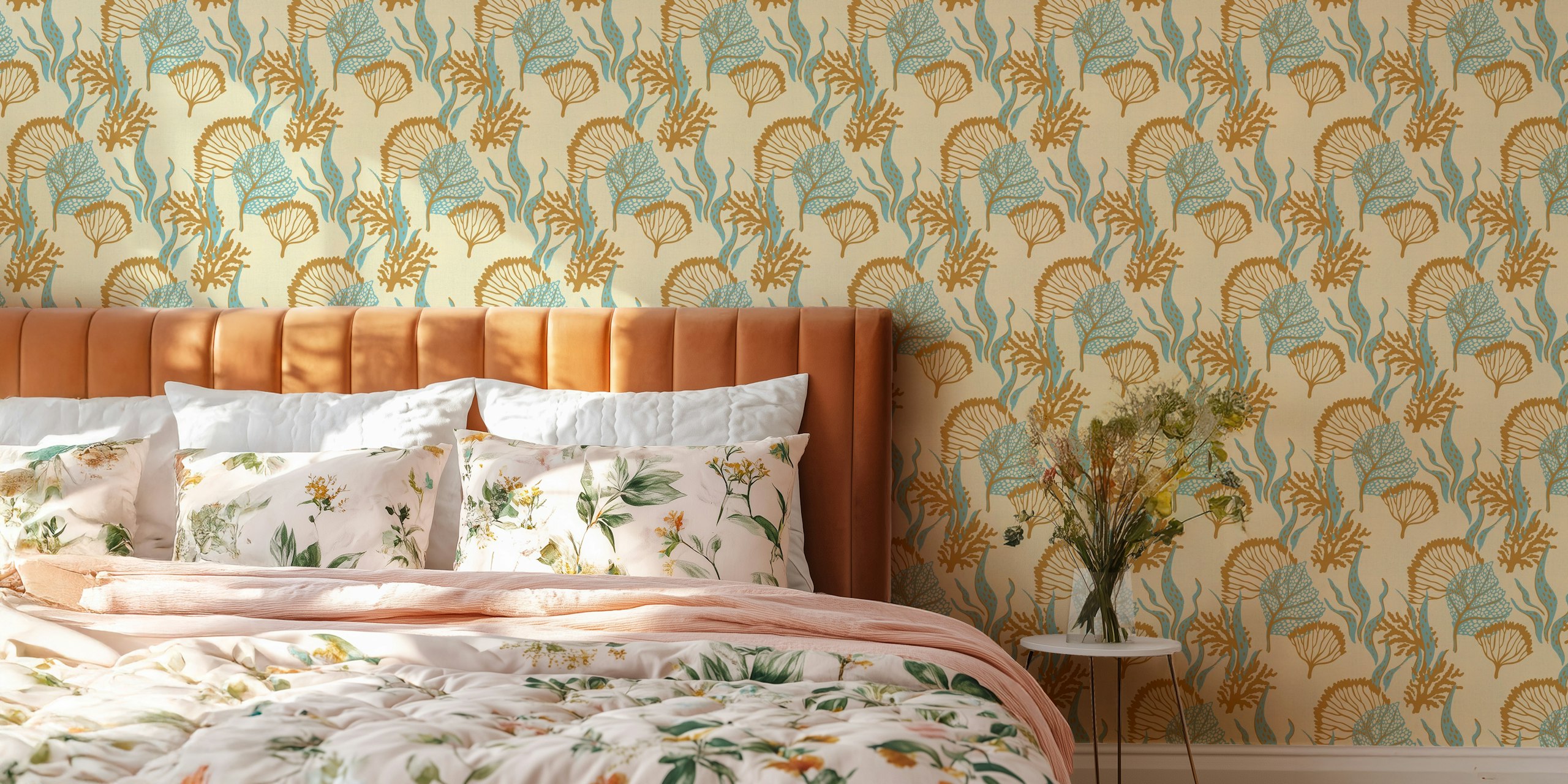 Coral and seaweed patterns in blue and beige wallpaper