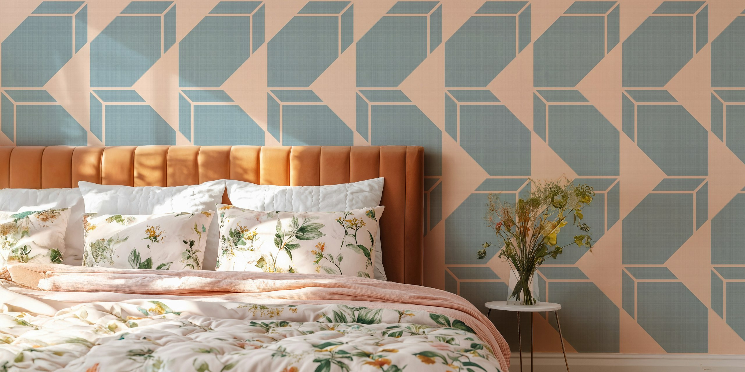 Geometric shapes in pastel blue on soft pink background wallpaper