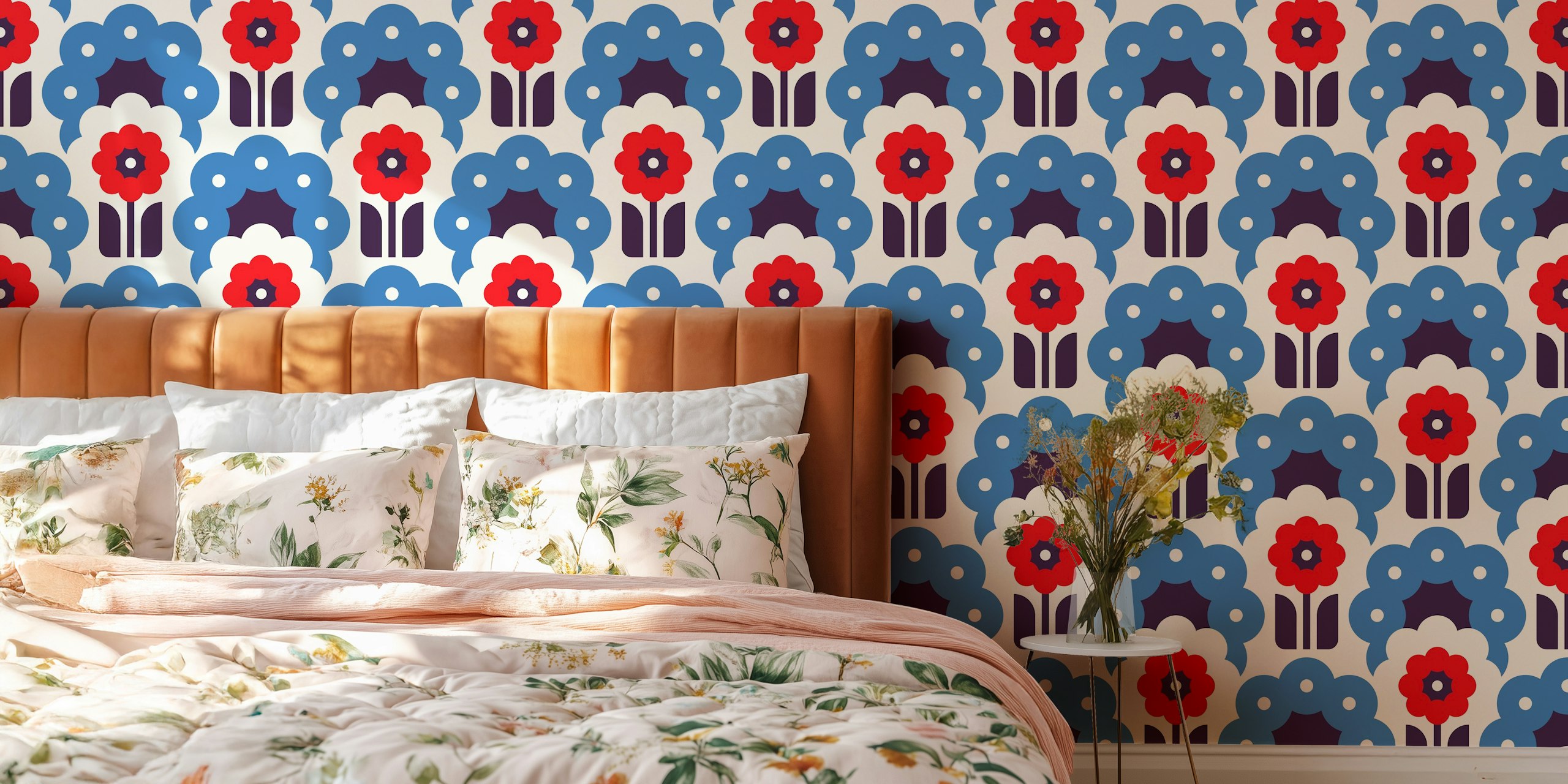 Retro Daisy Flowers Blue Red wallpaper pattern